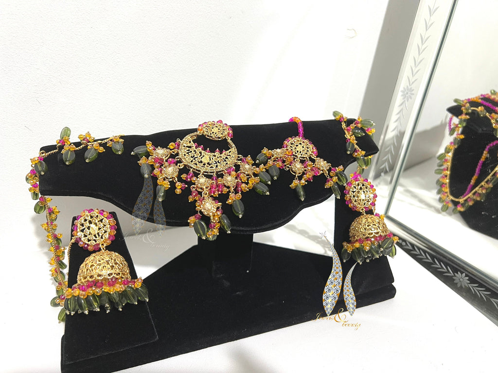 Gold Plated Jhumki Set: Indian Mughal Jewelry with CZ Stones
