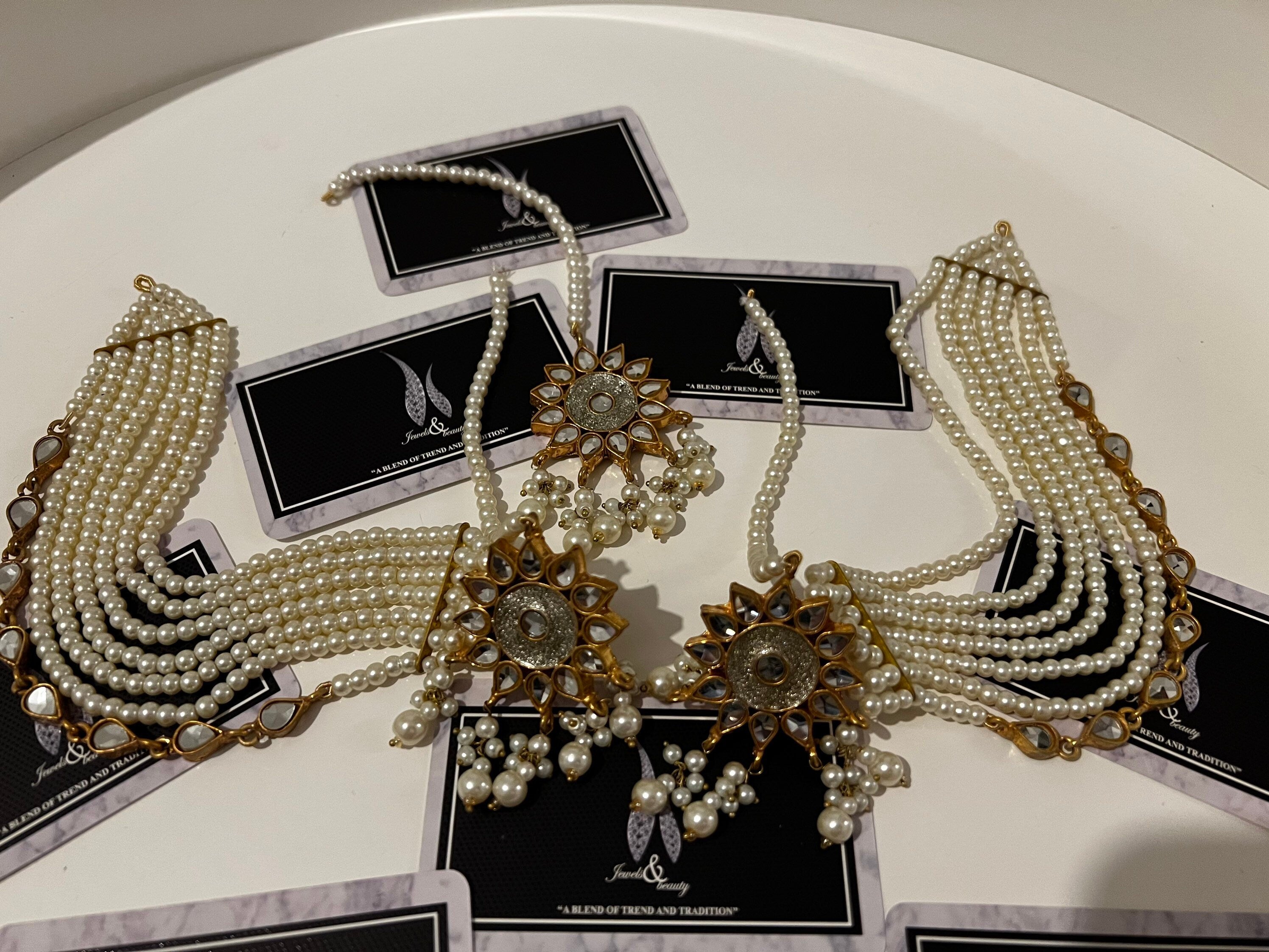 Kundan Stud Earrings with Tikka & Pearl Sahare: Pakistani Jewelry Set