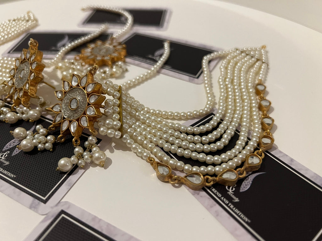 Kundan Stud Earrings with Tikka & Pearl Sahare: Pakistani Jewelry Set