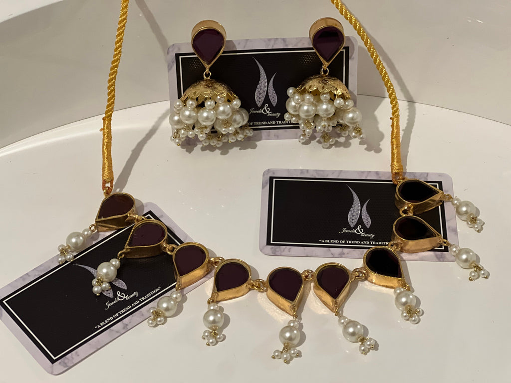 Gold Plated Kundan Jewelry Set: Pakistani Jhumka Necklace
