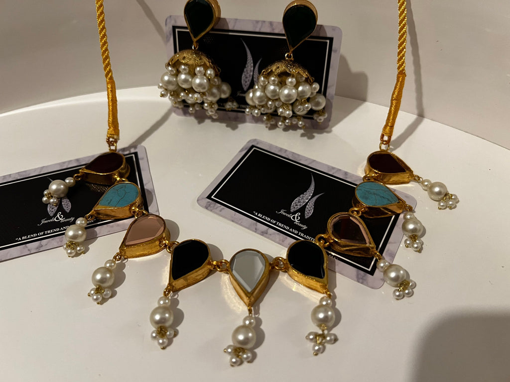 Gold Plated Kundan Jewelry Set: Pakistani Jhumka Necklace