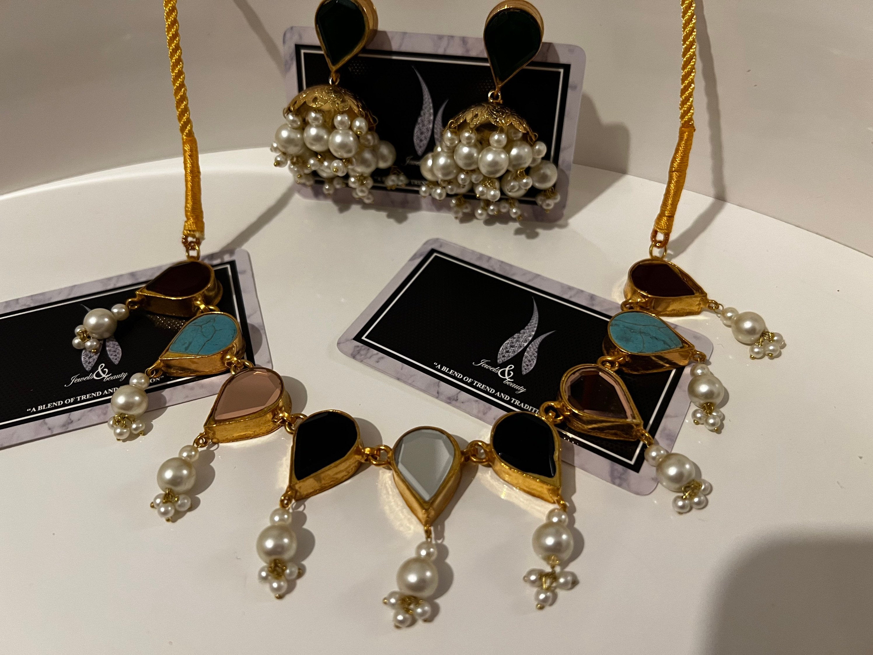 Gold Plated Kundan Jewelry Set: Pakistani Jhumka Necklace