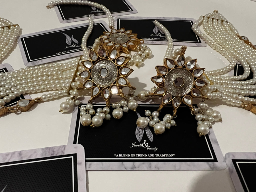 Kundan Stud Earrings with Tikka & Pearl Sahare: Pakistani Jewelry Set