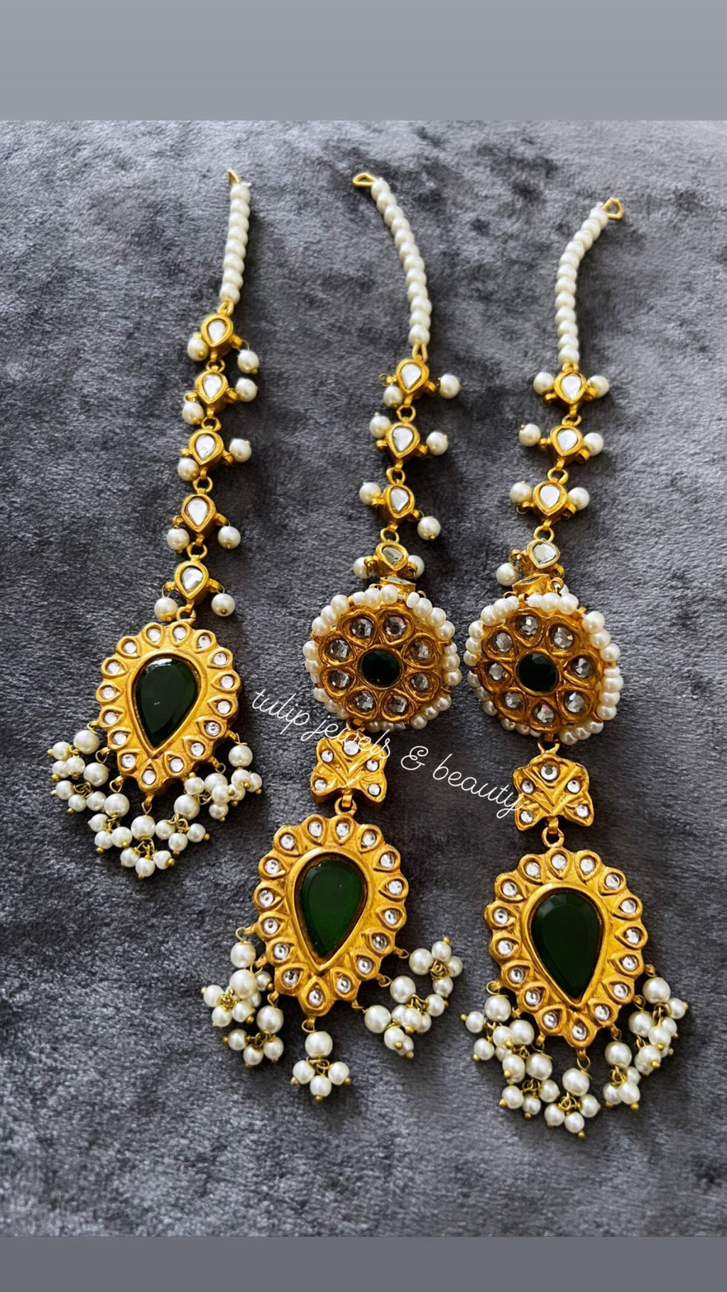 Kundan Emerald Earrings and Tikka Set: Gold Plated Indian Jewelry