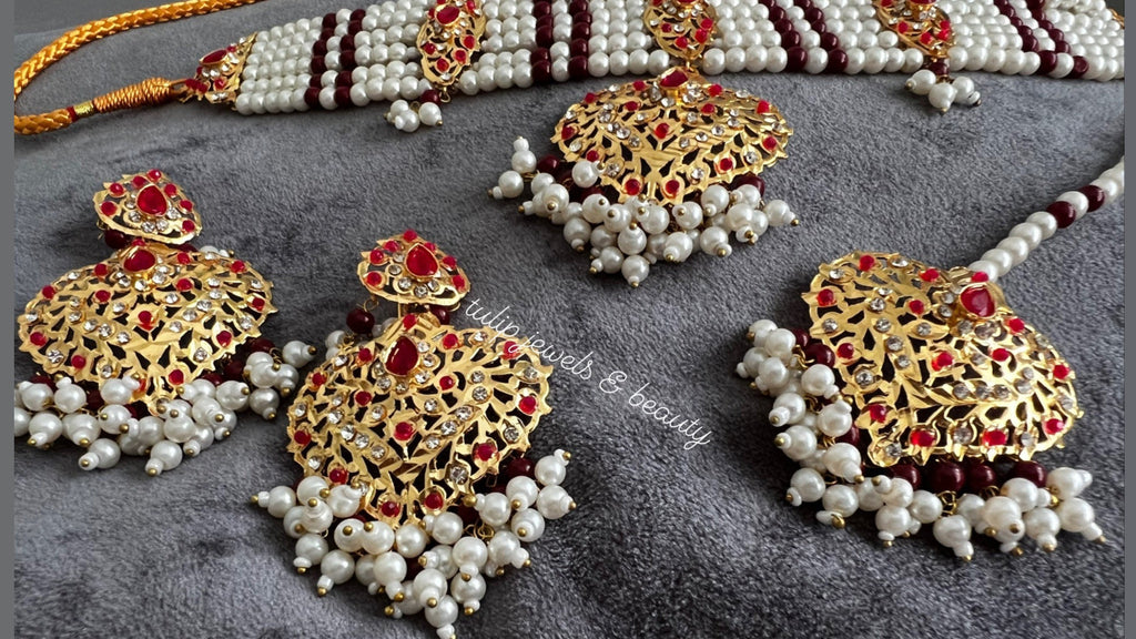 Hyderabadi Choker Set: Gold Plated Maroon Bridal Jewelry