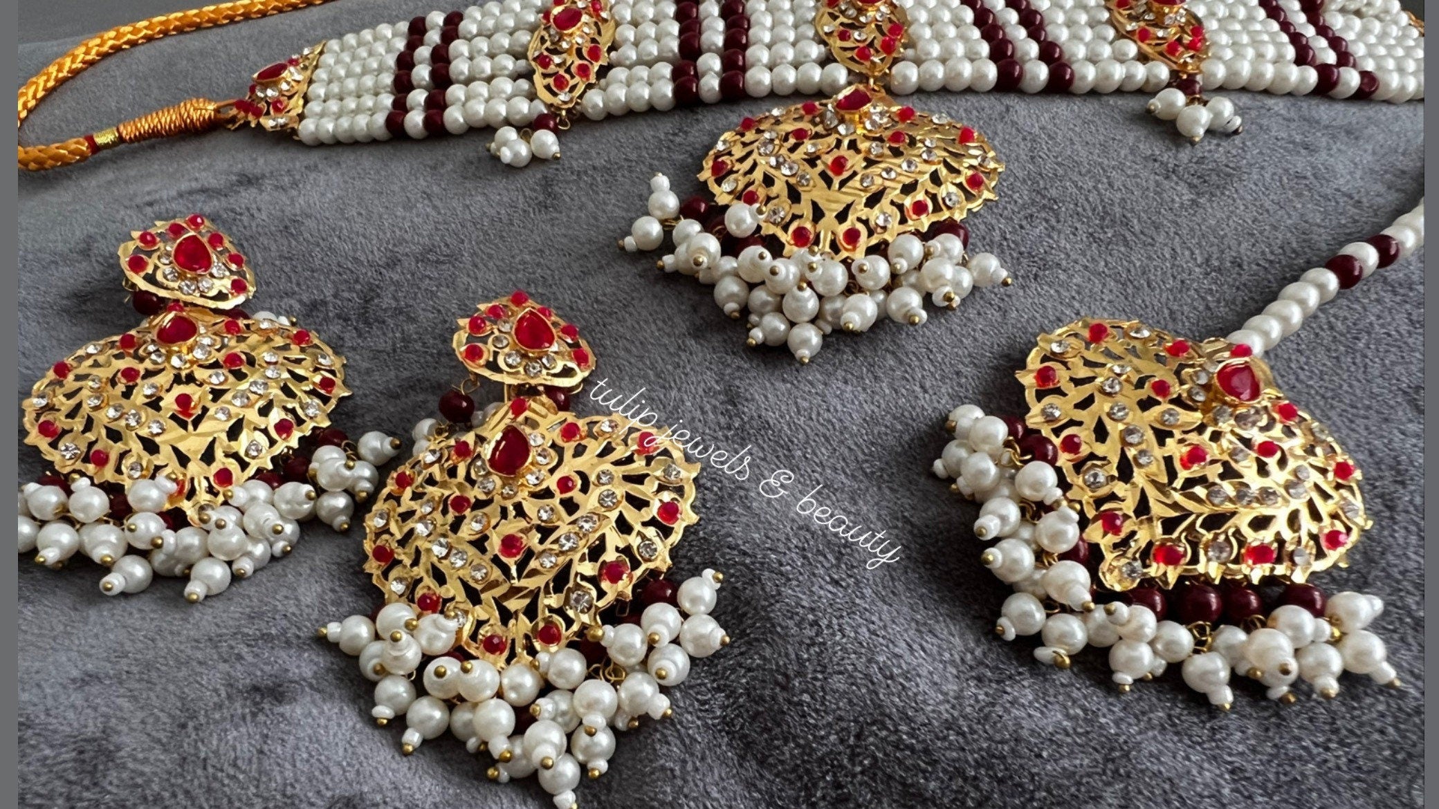 Hyderabadi Choker Set: Gold Plated Maroon Bridal Jewelry
