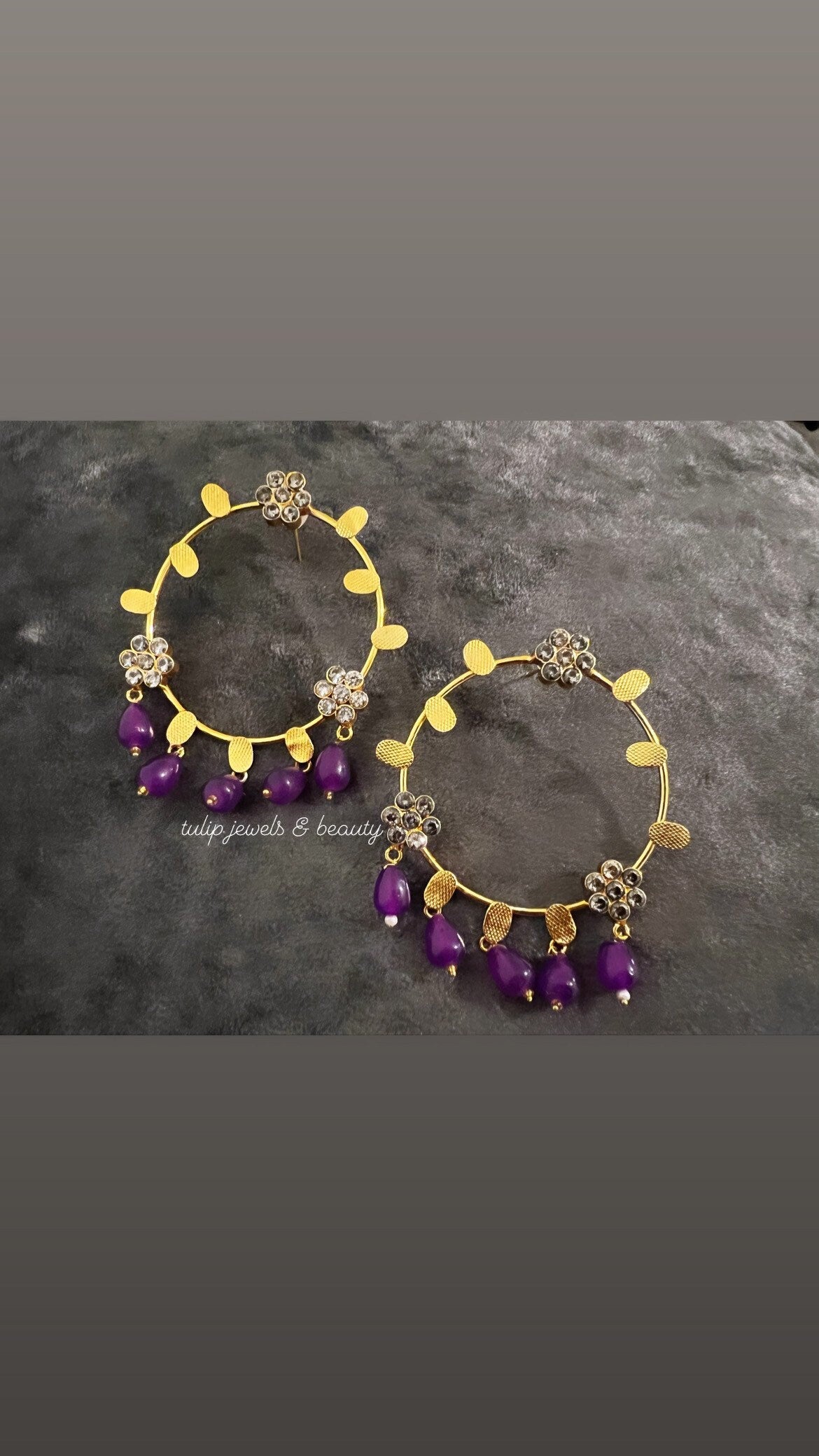 Handcrafted Gold Plated Chandbali Hoop Earrings with Purple Beads