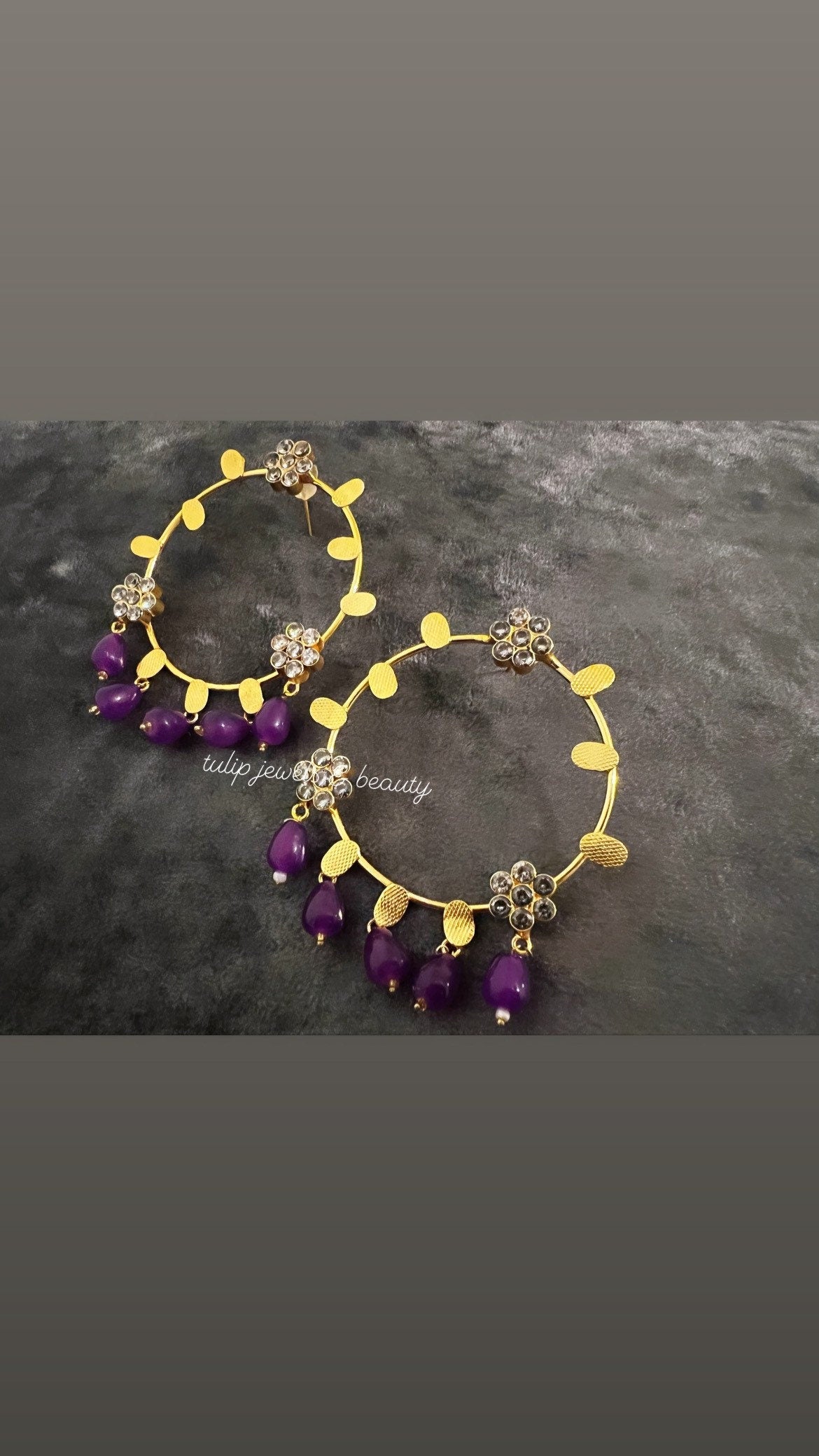 Handcrafted Gold Plated Chandbali Hoop Earrings with Purple Beads