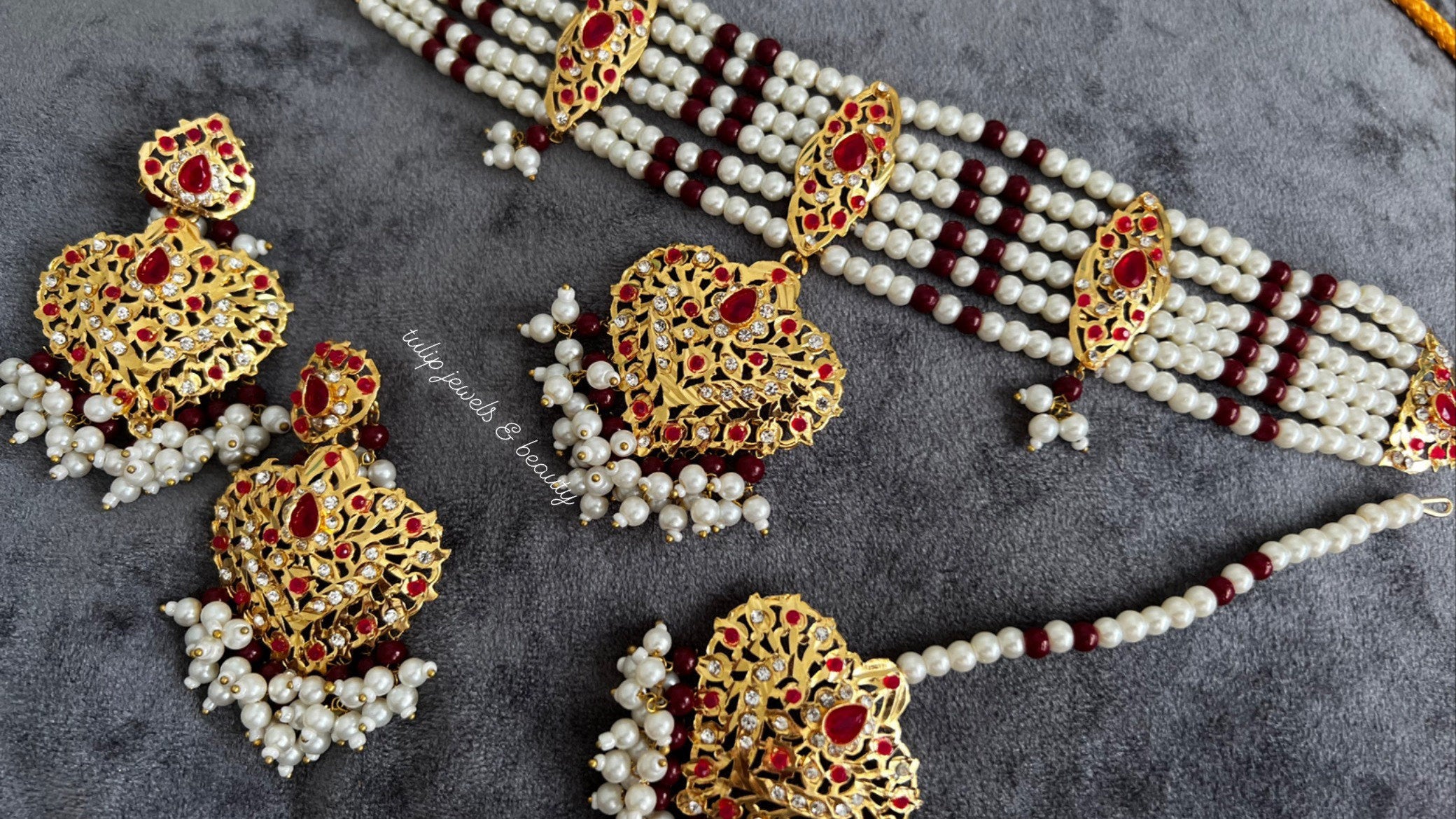 Hyderabadi Choker Set: Gold Plated Maroon Bridal Jewelry