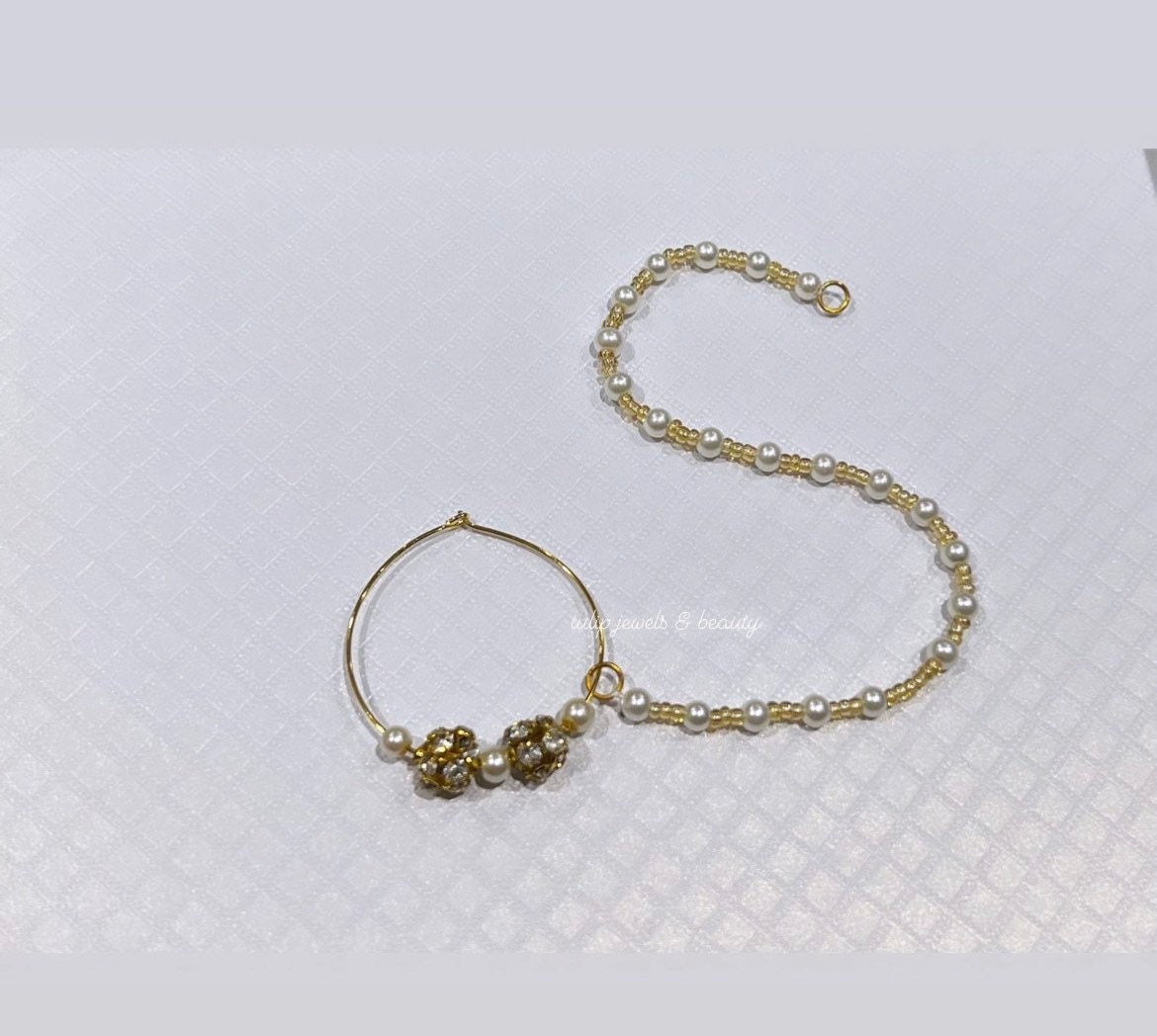 Gold Plated Indian Nose Ring Nath: Bridal Jewelry with Pearls