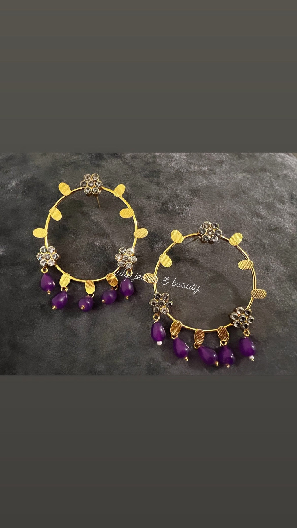 Handcrafted Gold Plated Chandbali Hoop Earrings with Purple Beads