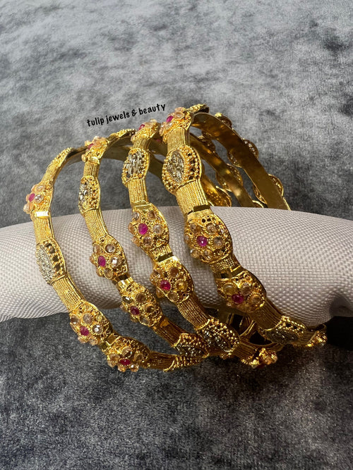 Gold Plated Bangles - Pakistani Indian Bridal Jewelry, Set of 4