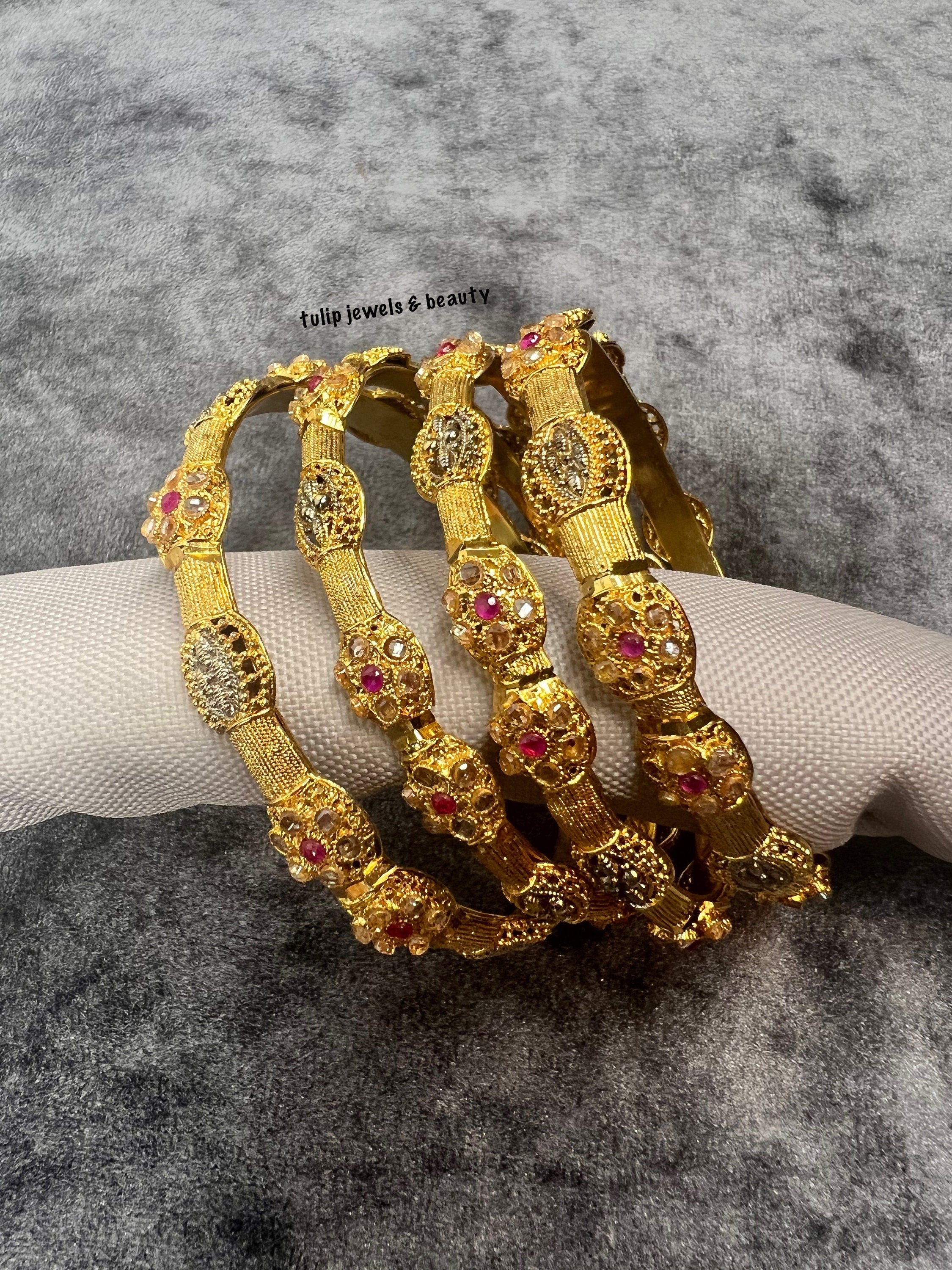 Gold Plated Bangles - Pakistani Indian Bridal Jewelry, Set of 4