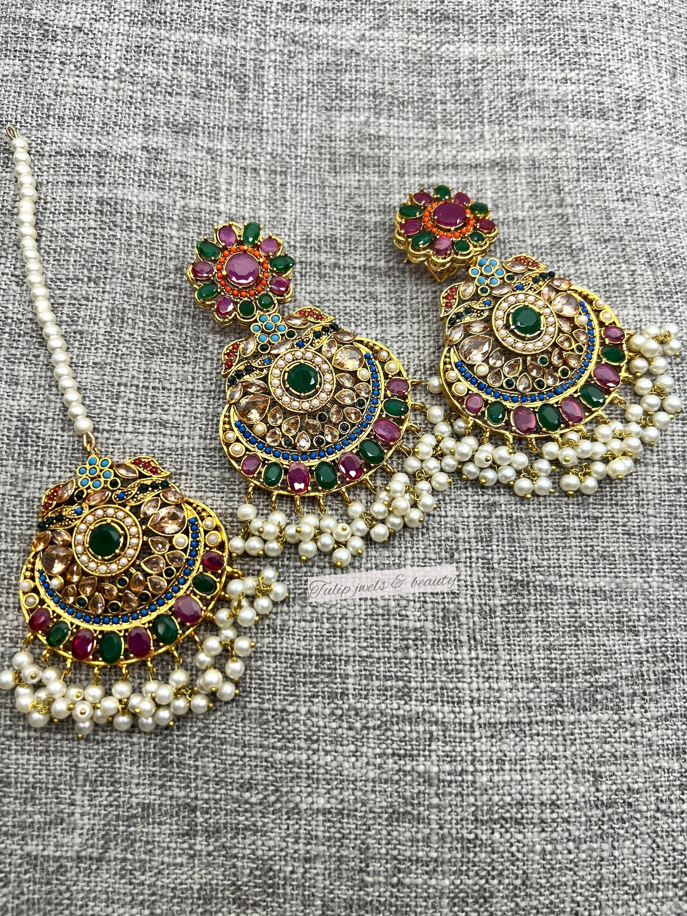 Gold Plated Earrings and Tikka Set: Handcrafted Indian Jewelry