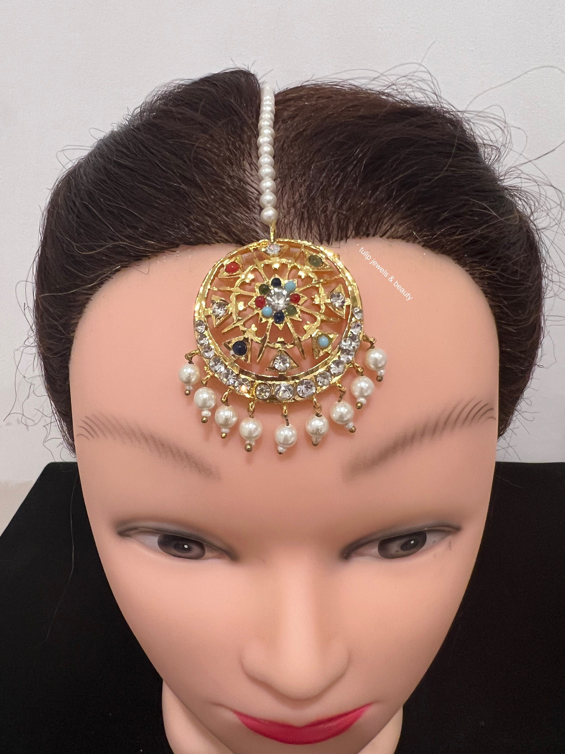 Handmade Gold Plated Navratan Tikka: Indian Bridal Jewelry