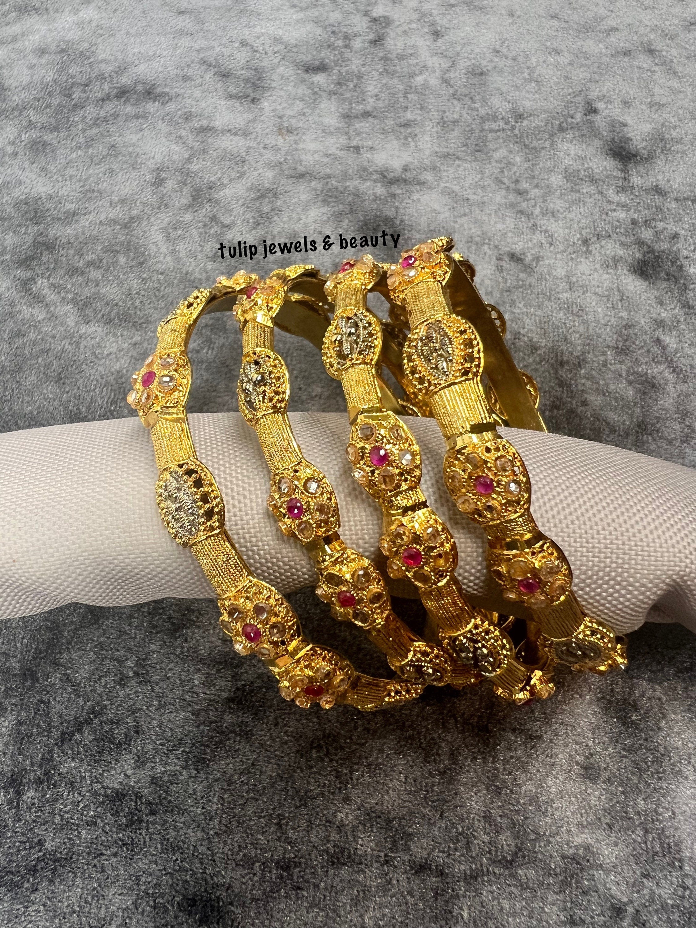 Gold Plated Bangles - Pakistani Indian Bridal Jewelry, Set of 4