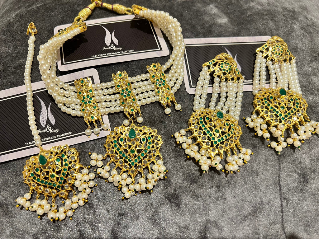 Gold Plated Hyderabadi Choker Set: Emerald & Polki Stone Jewelry