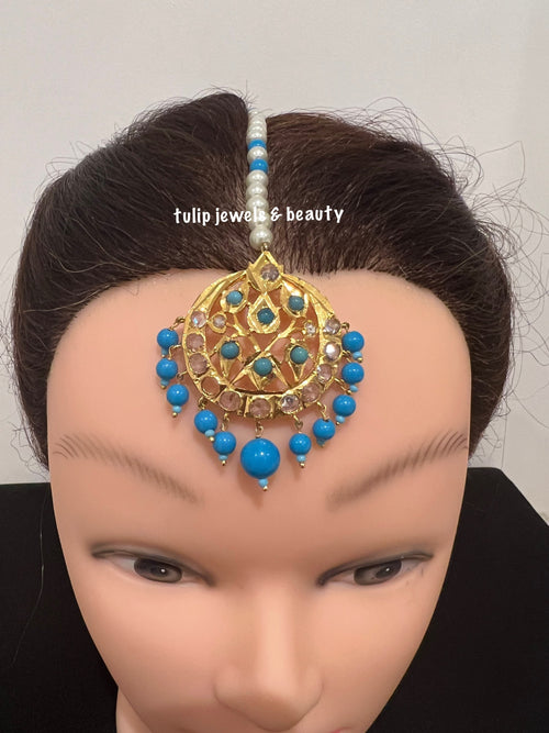 Gold Plated Ferozi Tika: Indian Bridal Headpiece