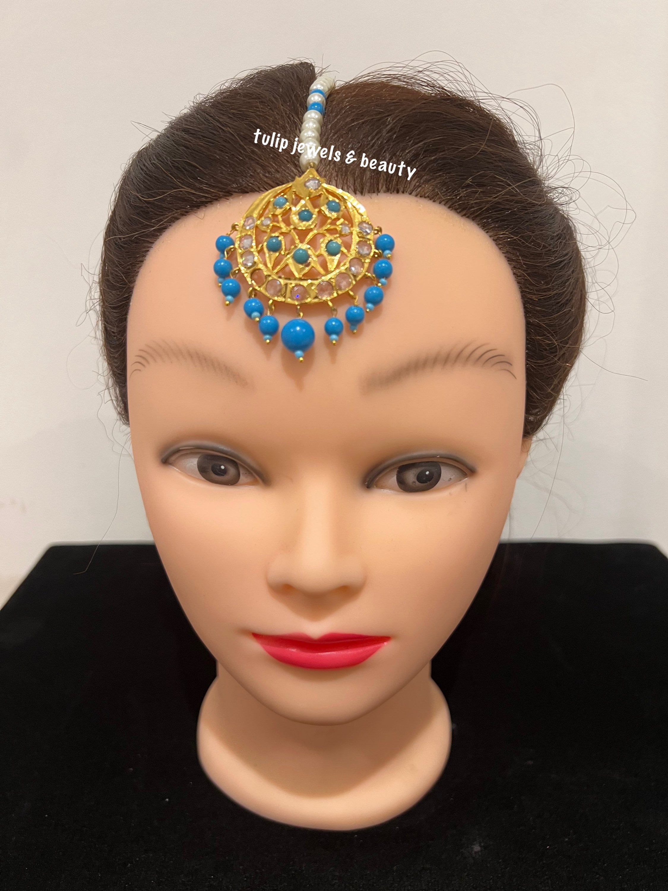 Gold Plated Ferozi Tika: Indian Bridal Headpiece