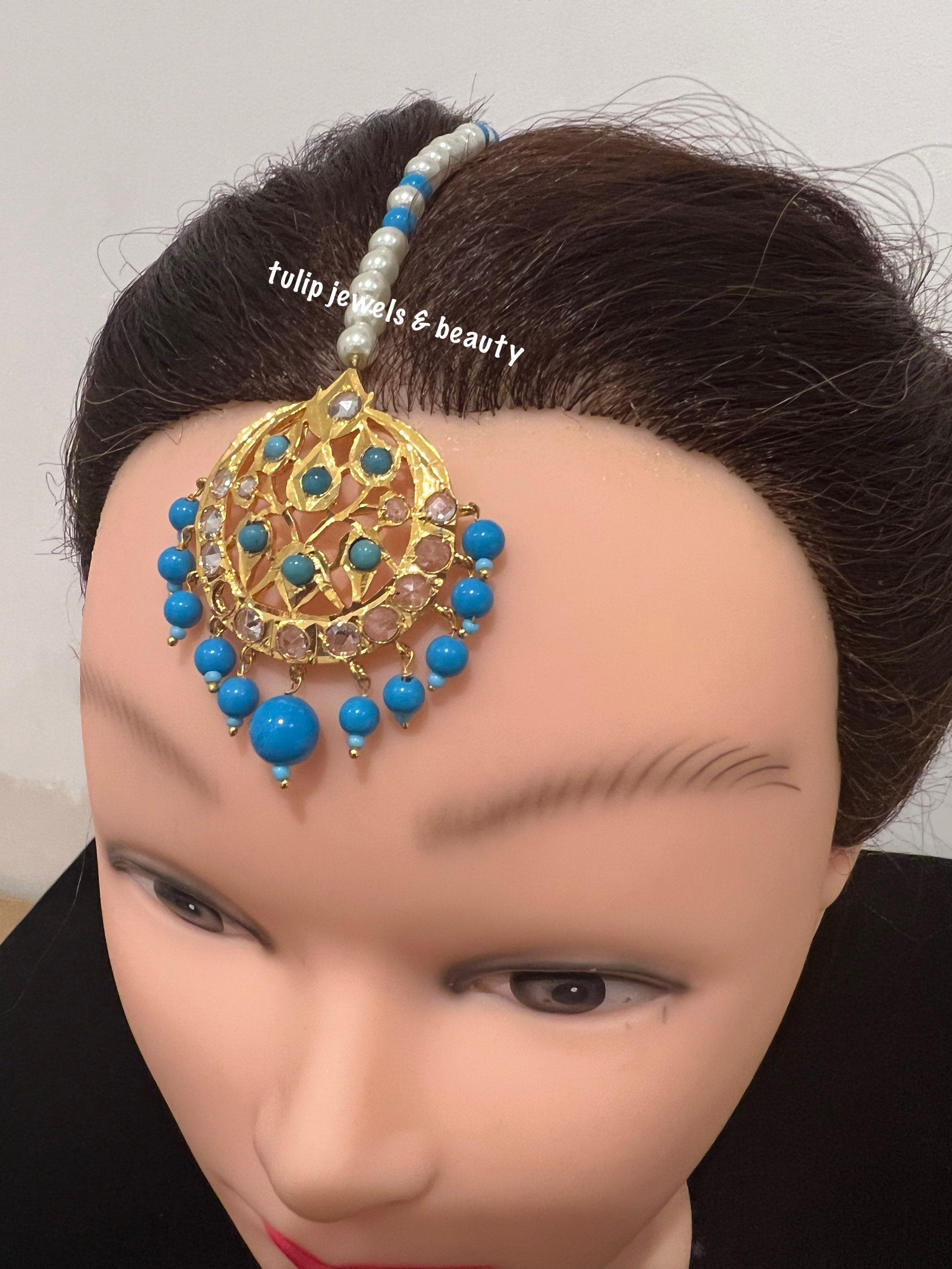 Gold Plated Ferozi Tika: Indian Bridal Headpiece