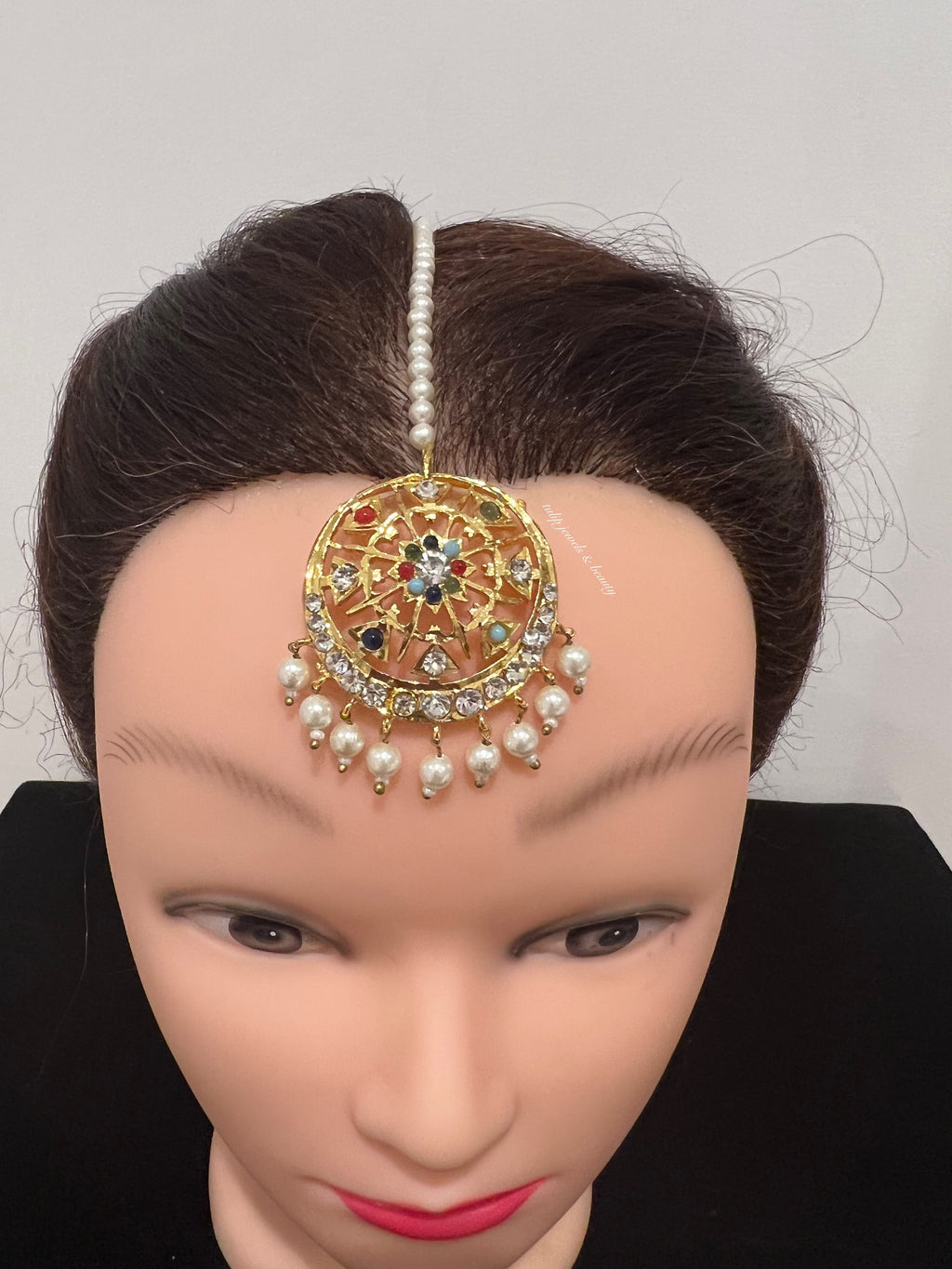 Handmade Gold Plated Navratan Tikka: Indian Bridal Jewelry