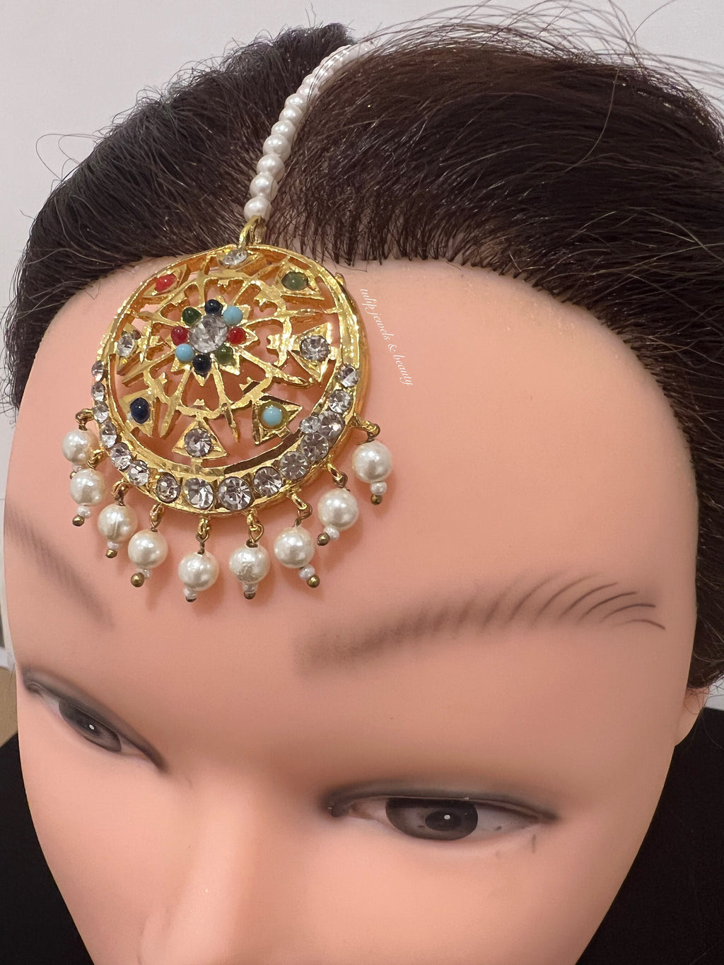 Handmade Gold Plated Navratan Tikka: Indian Bridal Jewelry