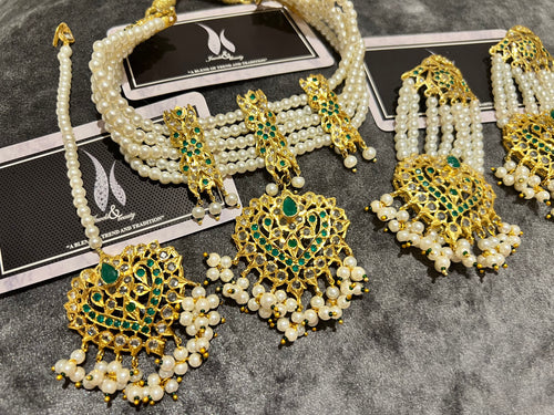 Gold Plated Hyderabadi Choker Set: Emerald & Polki Stone Jewelry
