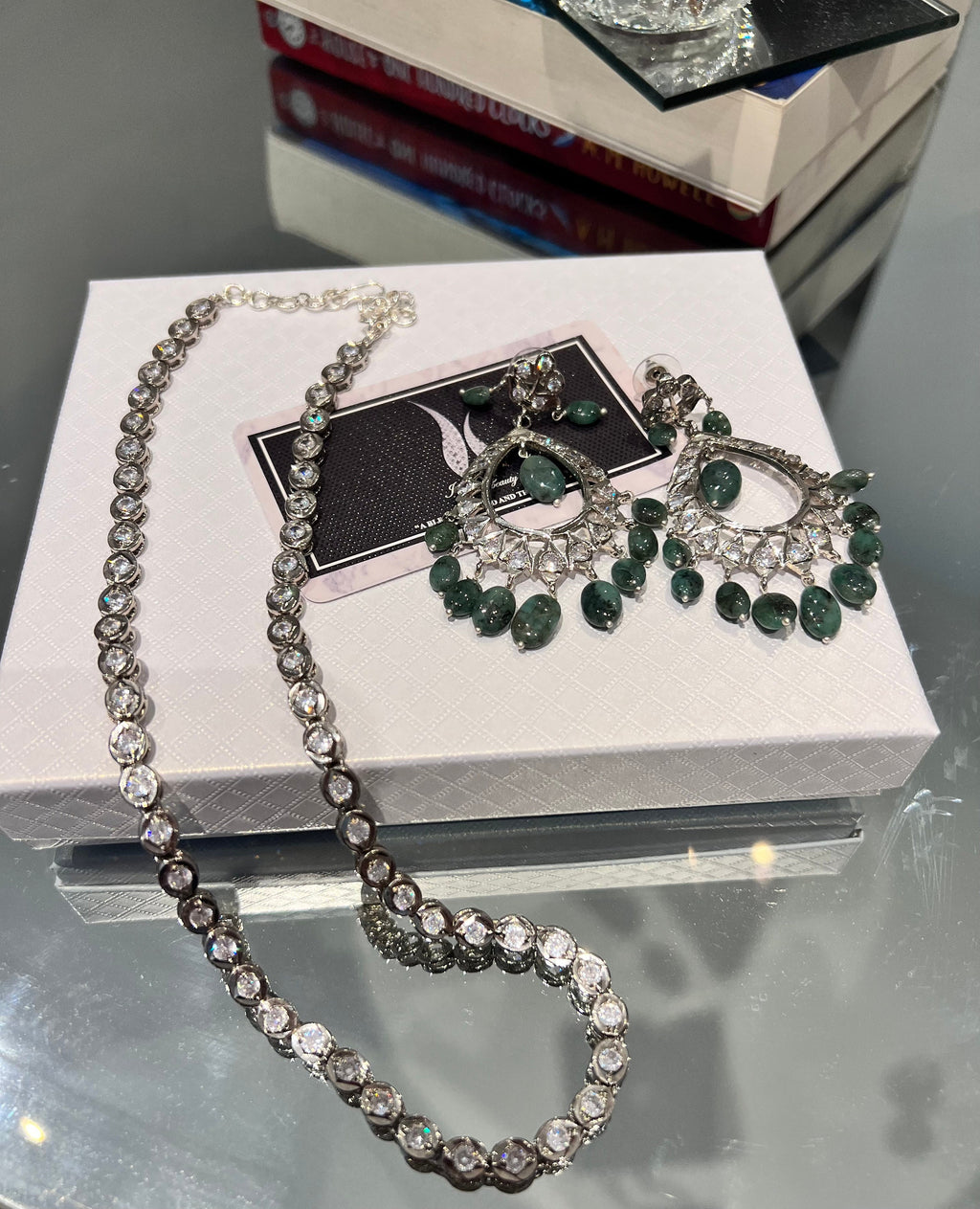 Gift for her christmas gift for women, Emerald Drop Jewelry Set Sterling Silver Plated Necklace & Earrings