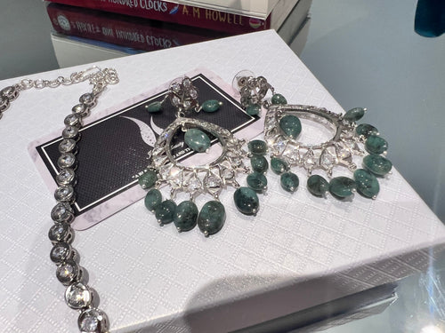 Gift for her christmas gift for women, Emerald Drop Jewelry Set Sterling Silver Plated Necklace & Earrings