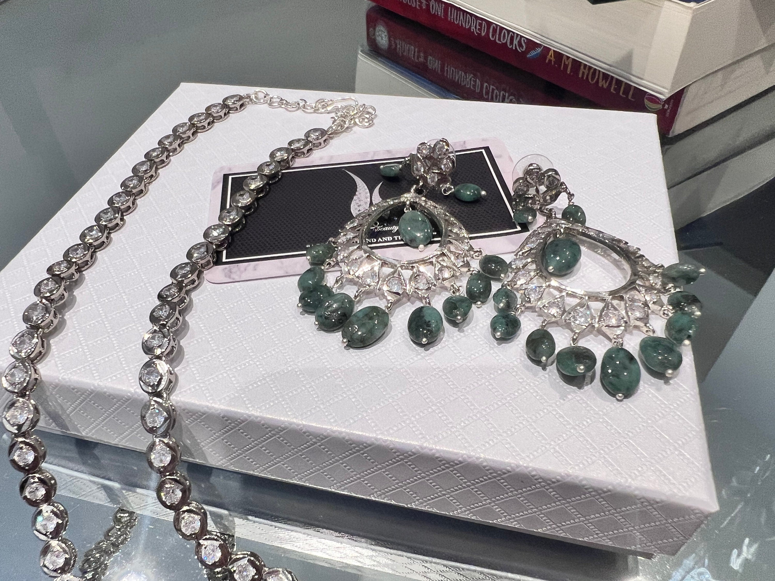 Gift for her christmas gift for women, Emerald Drop Jewelry Set Sterling Silver Plated Necklace & Earrings