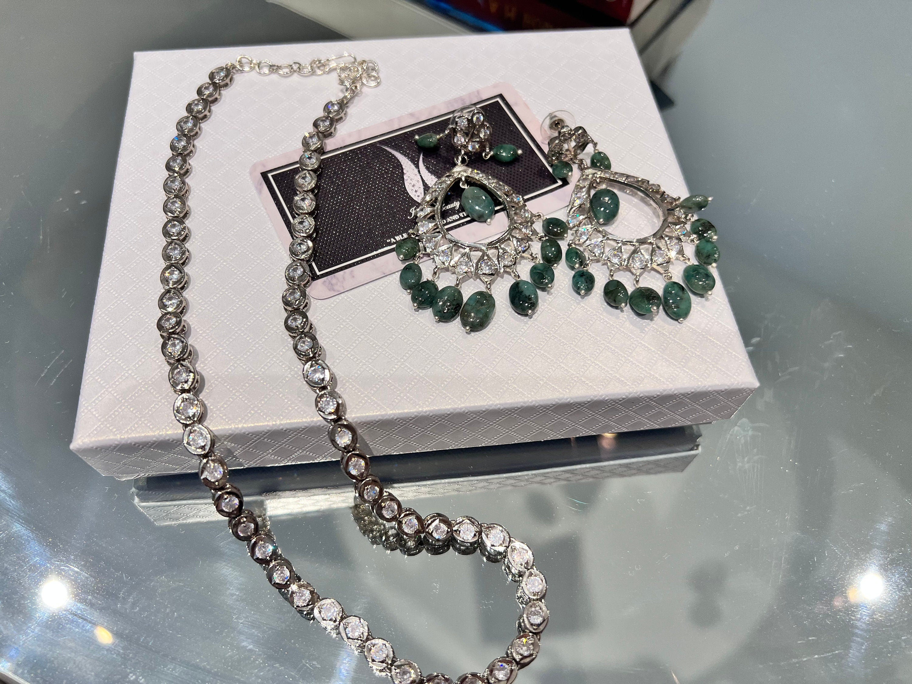 Gift for her christmas gift for women, Emerald Drop Jewelry Set Sterling Silver Plated Necklace & Earrings