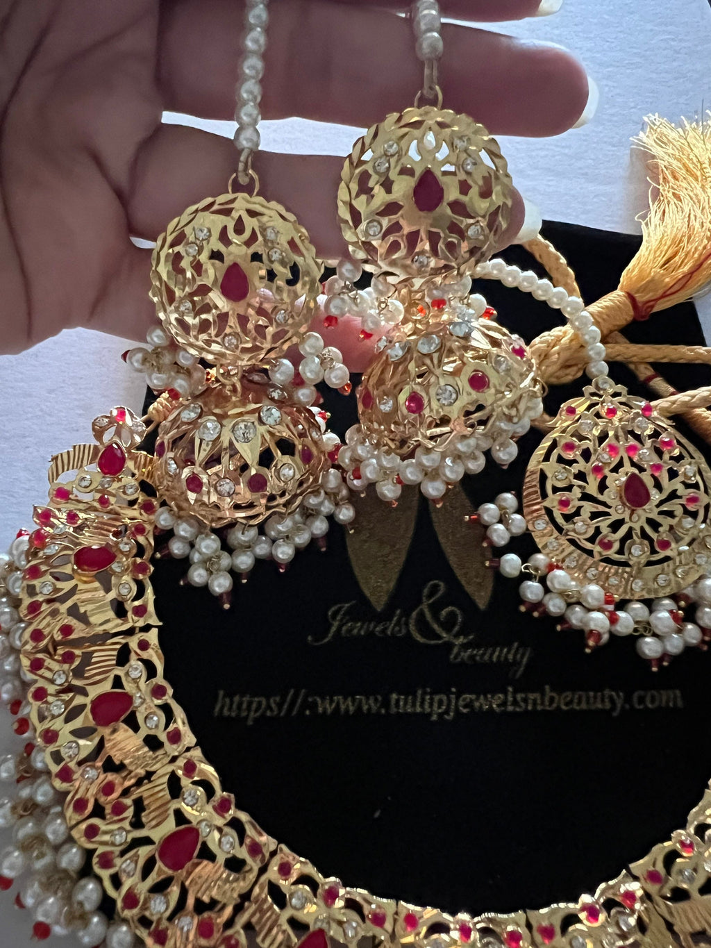 Hyderabadi Indian Jewelry Set: Jhumki, Tikka, Red Stone & Pearl Necklace