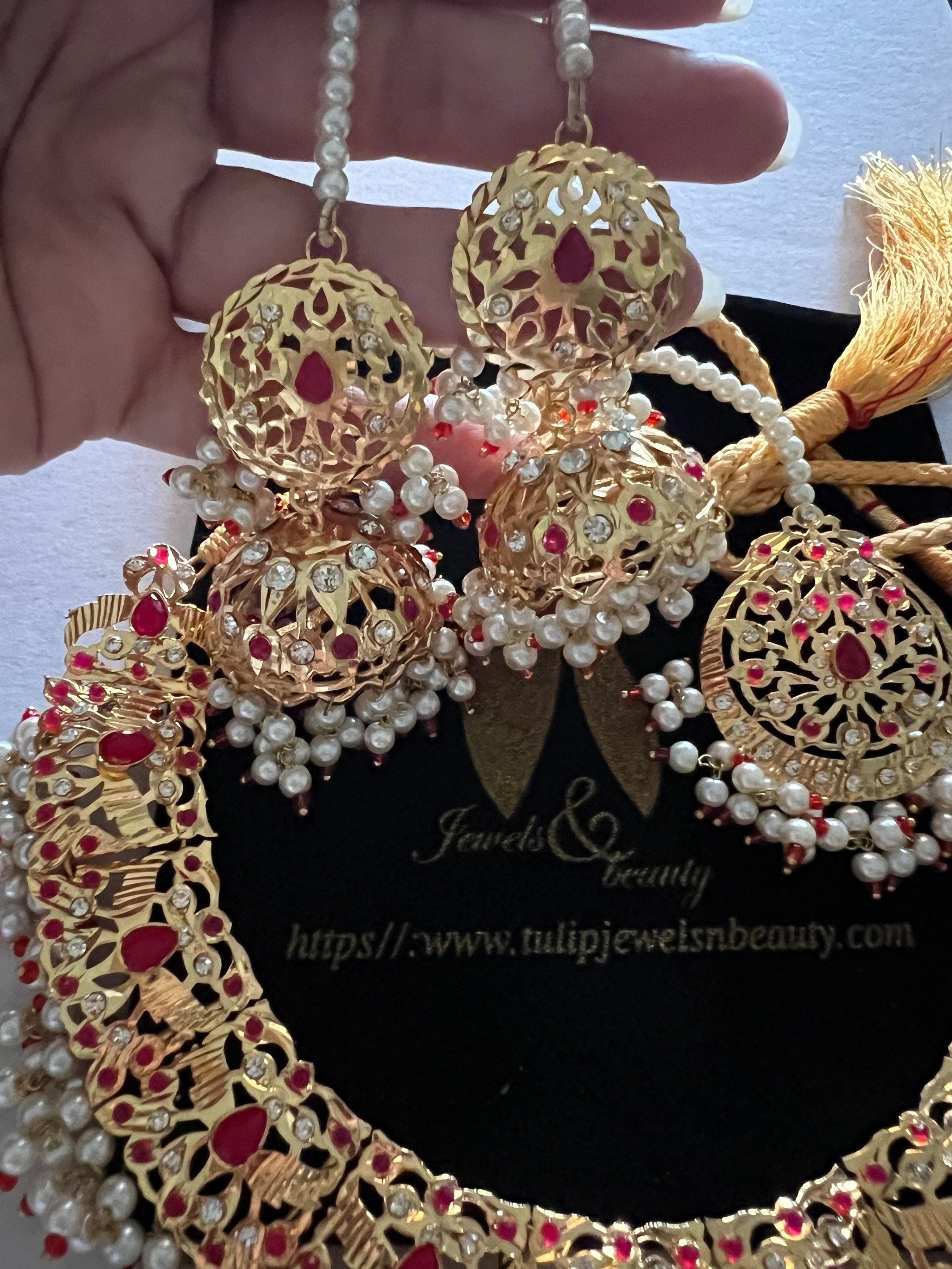Hyderabadi Indian Jewelry Set: Jhumki, Tikka, Red Stone & Pearl Necklace