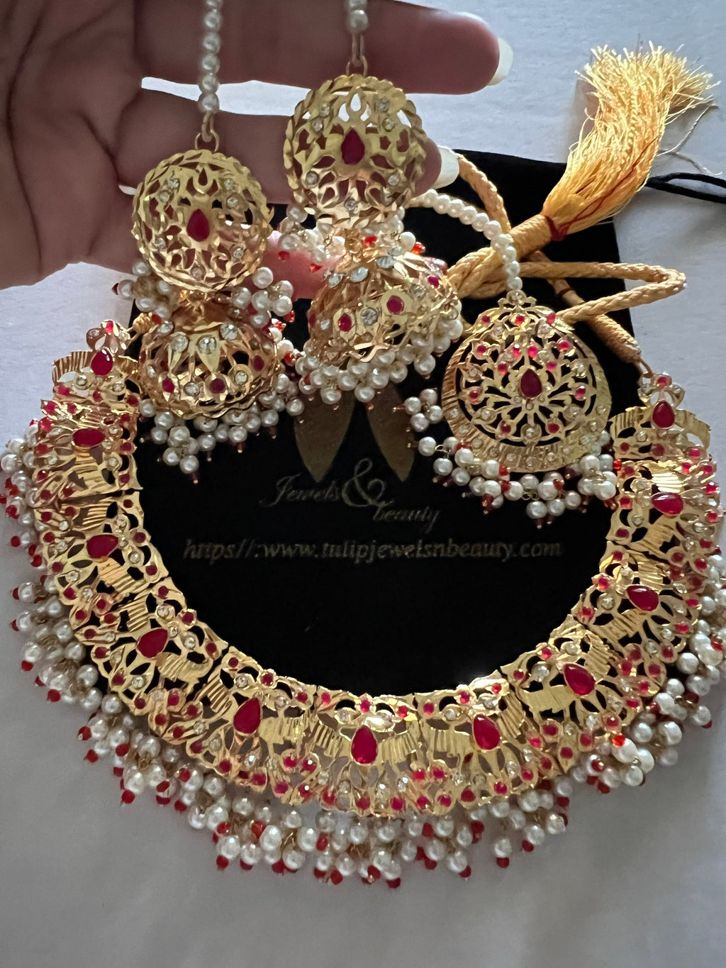 Hyderabadi Indian Jewelry Set: Jhumki, Tikka, Red Stone & Pearl Necklace