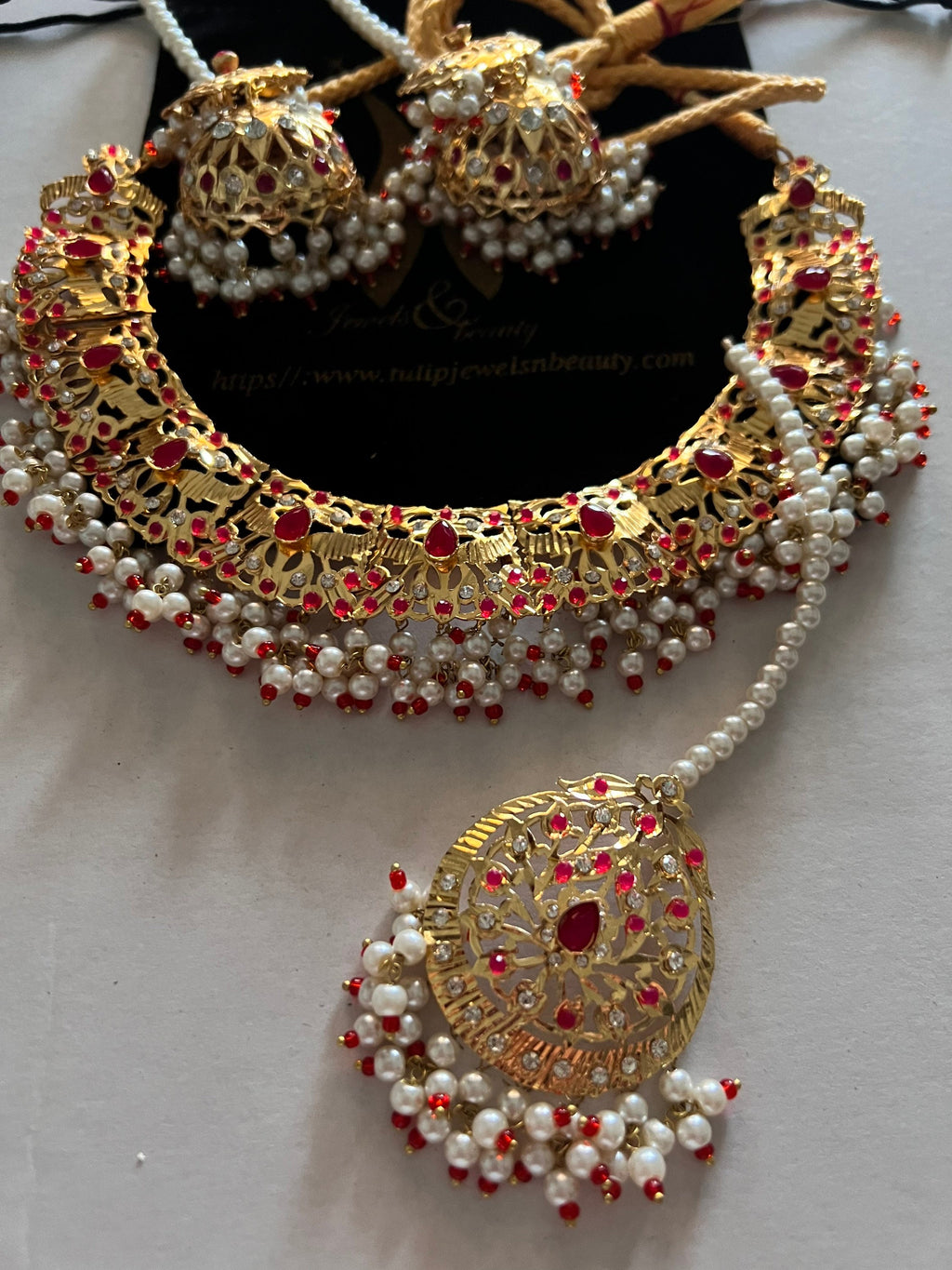 Hyderabadi Indian Jewelry Set: Jhumki, Tikka, Red Stone & Pearl Necklace