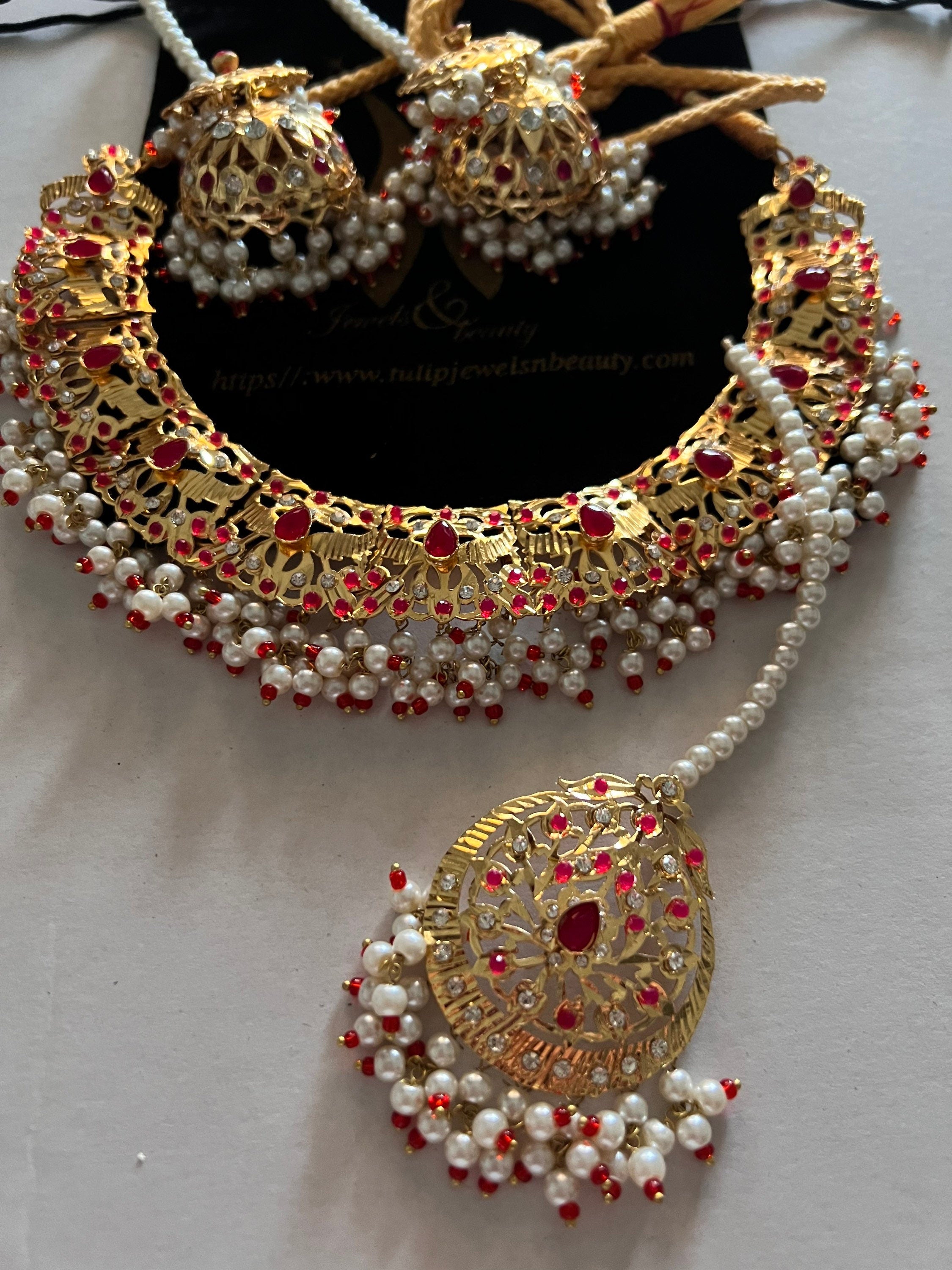 Hyderabadi Indian Jewelry Set: Jhumki, Tikka, Red Stone & Pearl Necklace
