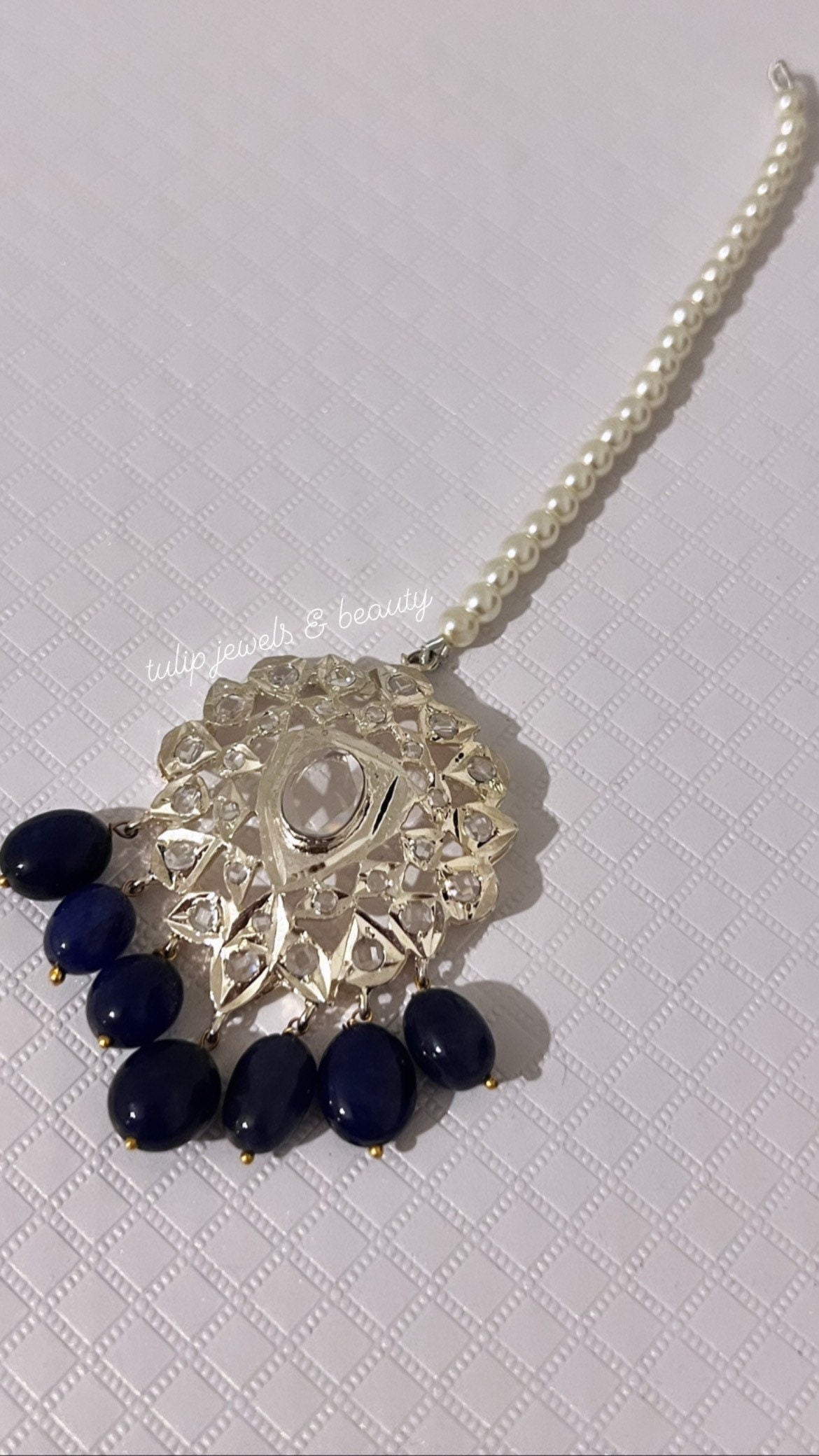 Royal Blue Hyderabadi Jadau Tikka sterling silver plated | Kundan Bridal Forehead Jewelry | Pakistani Wedding Matha Patti Accessory