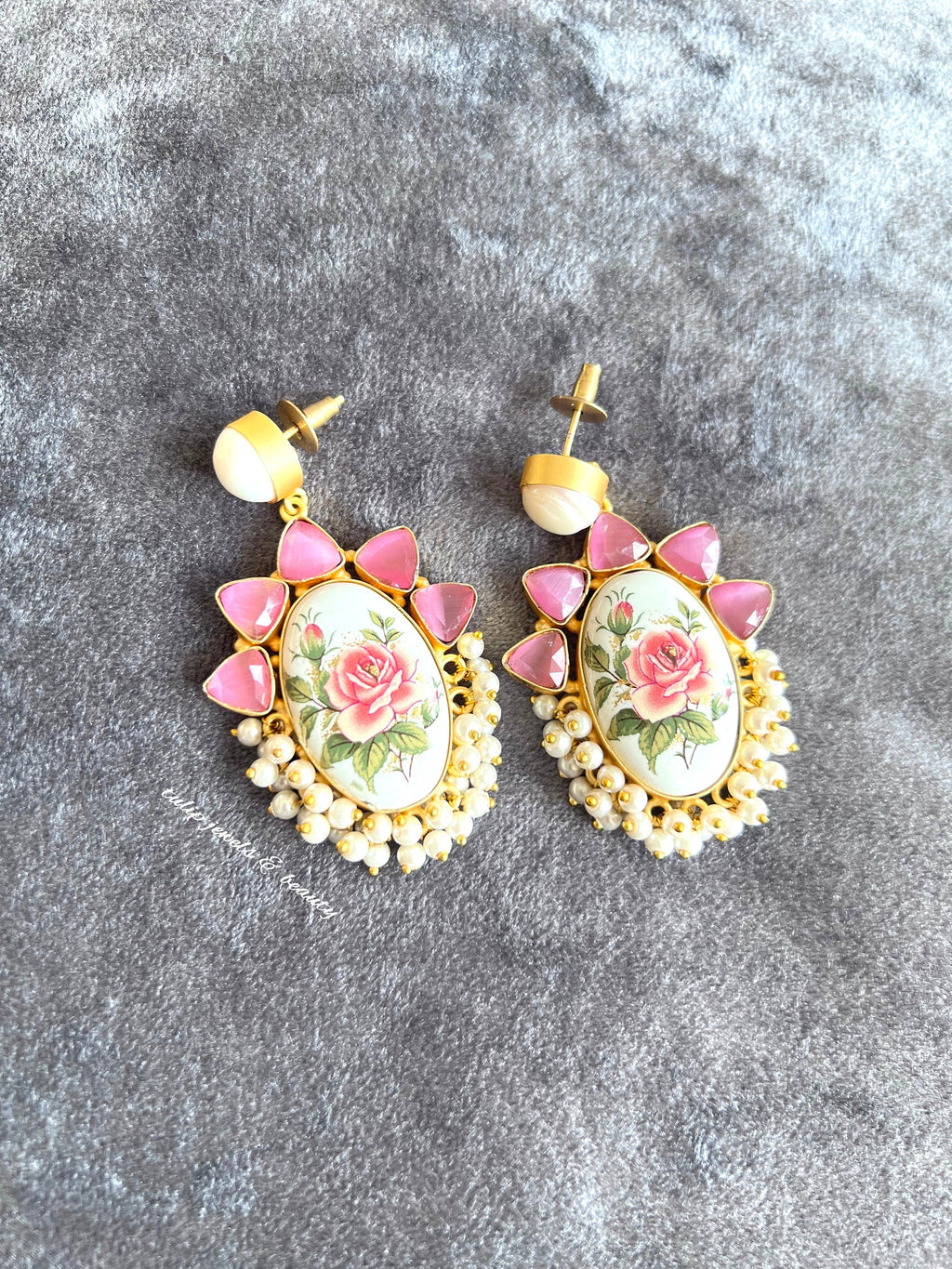 Real Pearl Drop Earrings: Tea Pink Floral Design, Japanese Beads