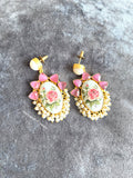 Real Pearl Drop Earrings: Tea Pink Floral Design, Japanese Beads
