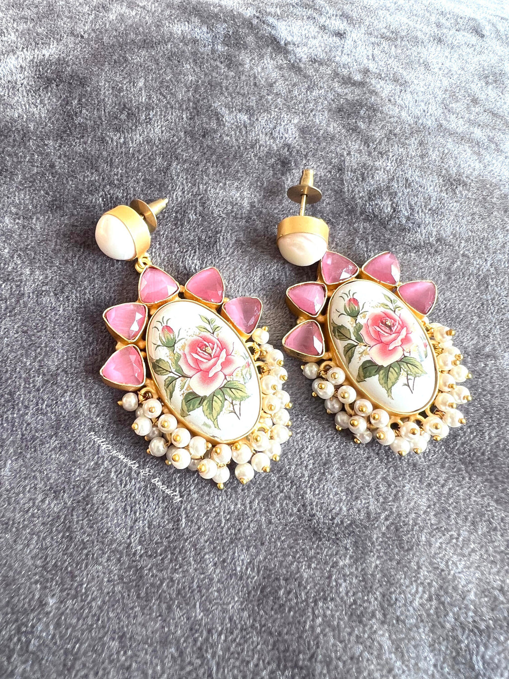 Real Pearl Drop Earrings: Tea Pink Floral Design, Japanese Beads