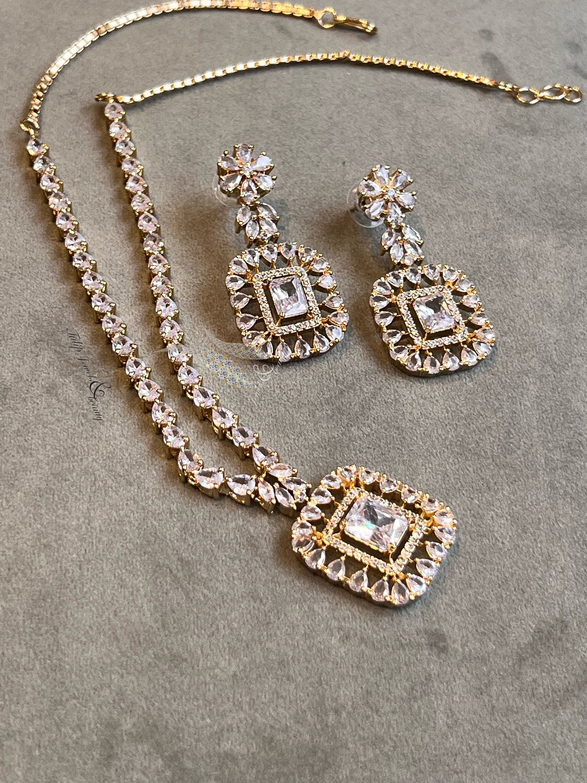 Gift for women, christmas gift for her, Indian Bridal Cubic Zirconia Necklace Set: Gold Plated Wedding Jewelry