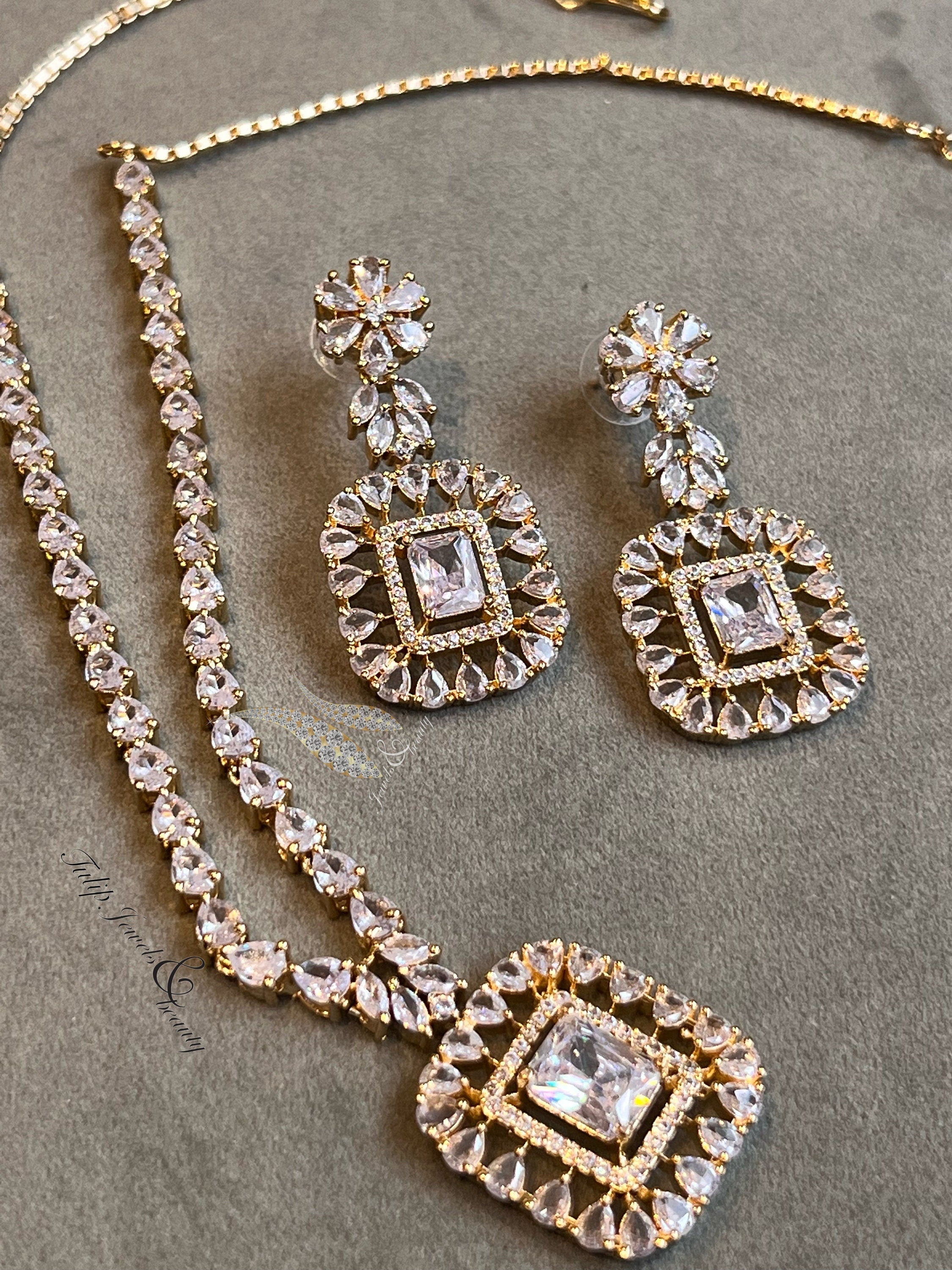 Gift for women, christmas gift for her, Indian Bridal Cubic Zirconia Necklace Set: Gold Plated Wedding Jewelry