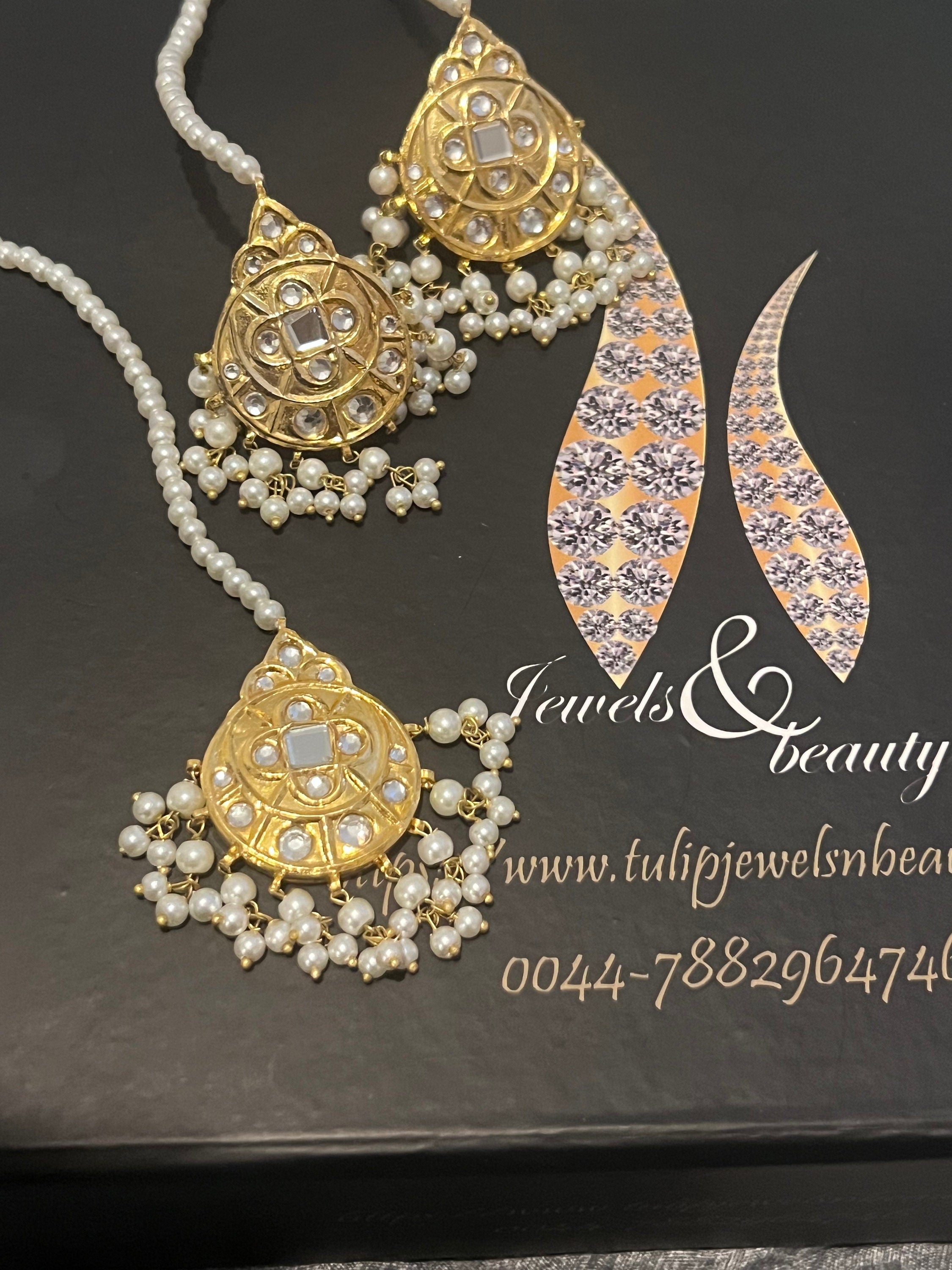 Kundan Studs and Tikkah Set: Gold Plated Indian Jewelry