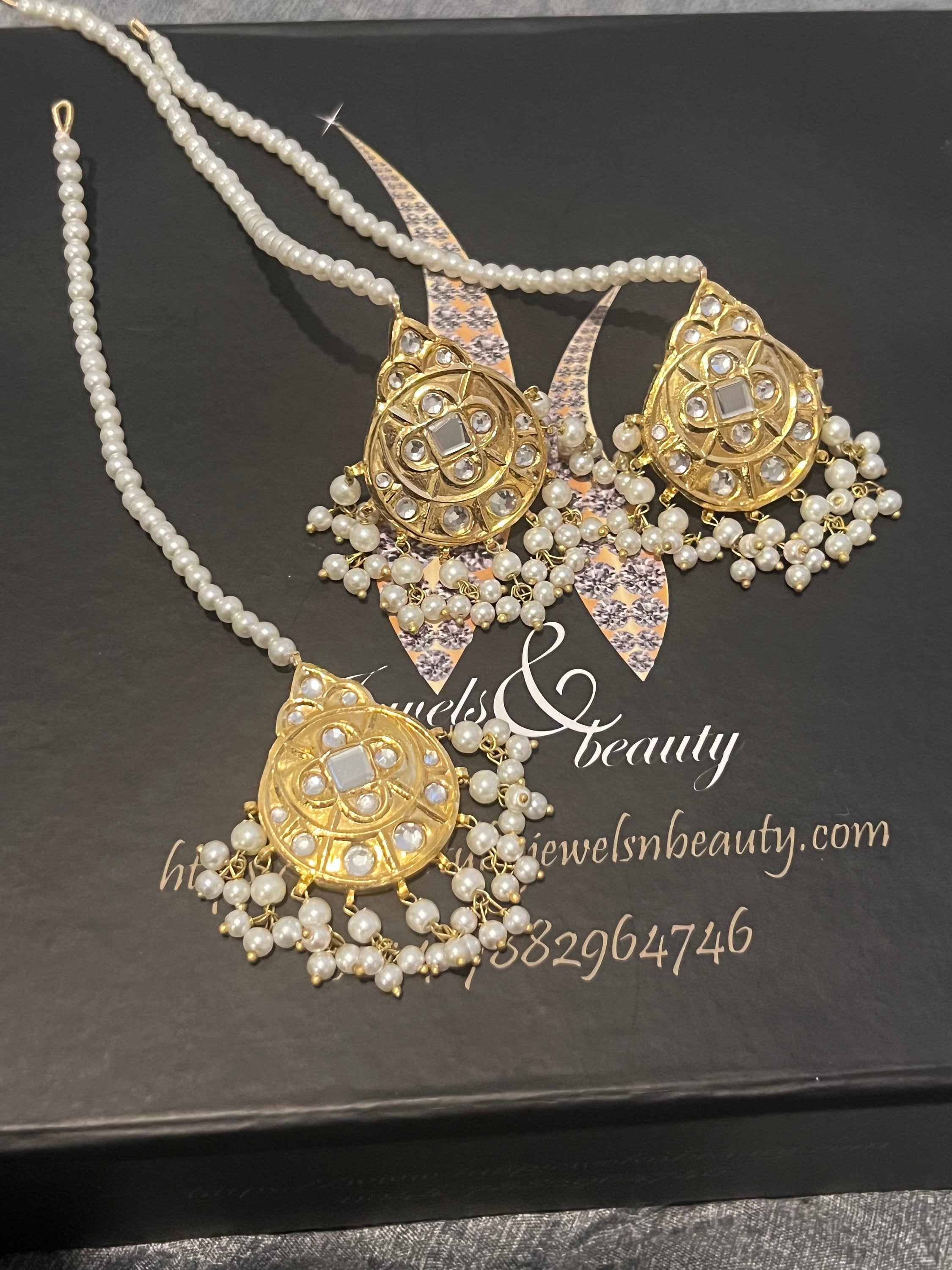 Kundan Studs and Tikkah Set: Gold Plated Indian Jewelry