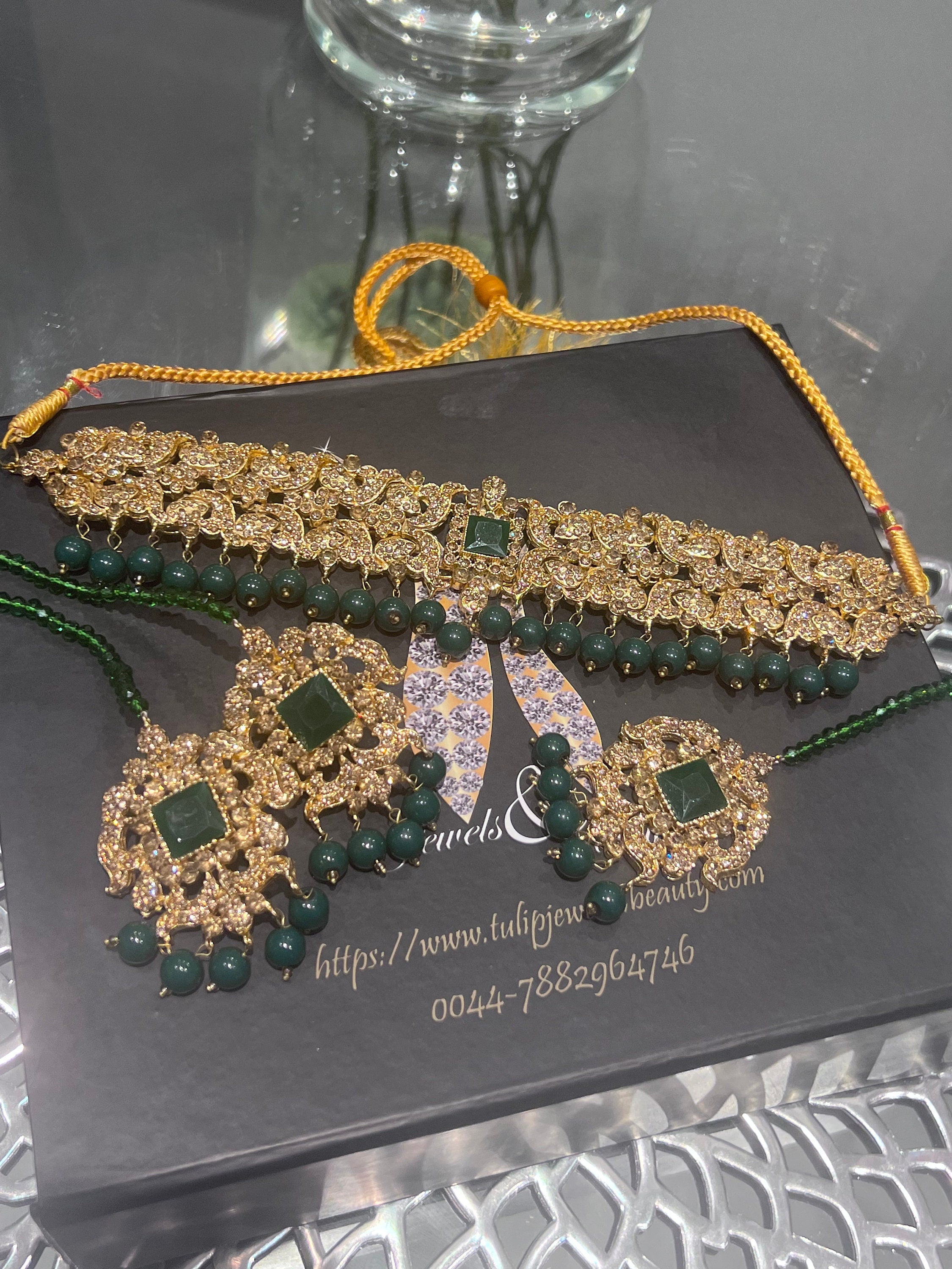 Emerald & Champagne Stone Pakistani Jewelry Set: Gold Choker, Studs, Tikkah