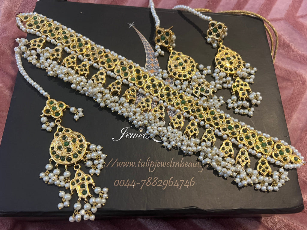 Gold Plated Kundan Choker Set: Emerald & Pearl Indian Jewelry
