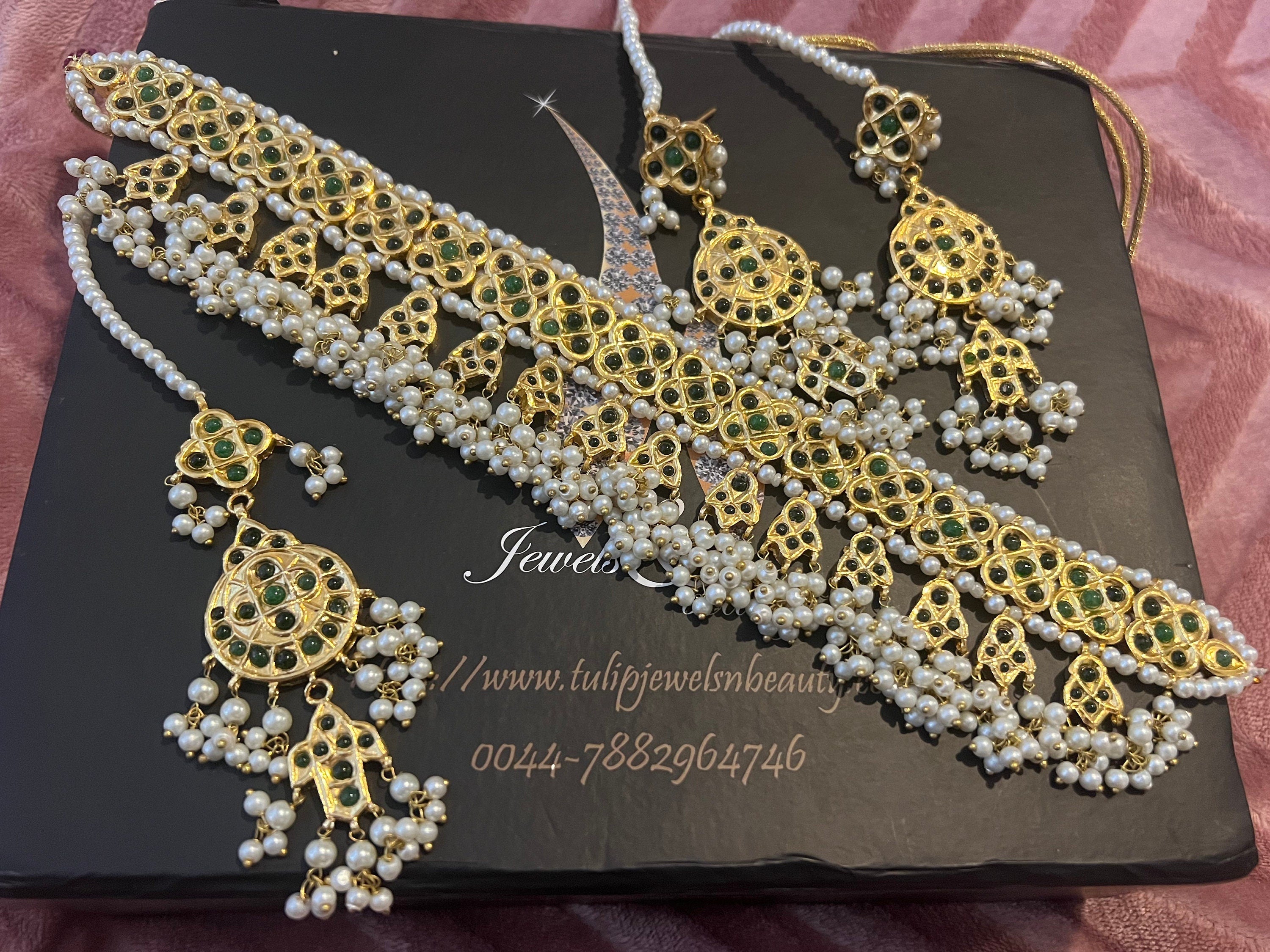 Gold Plated Kundan Choker Set: Emerald & Pearl Indian Jewelry