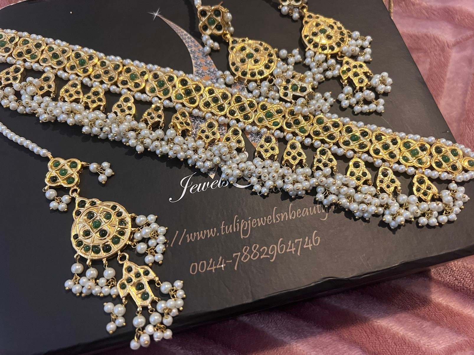 Gold Plated Kundan Choker Set: Emerald & Pearl Indian Jewelry
