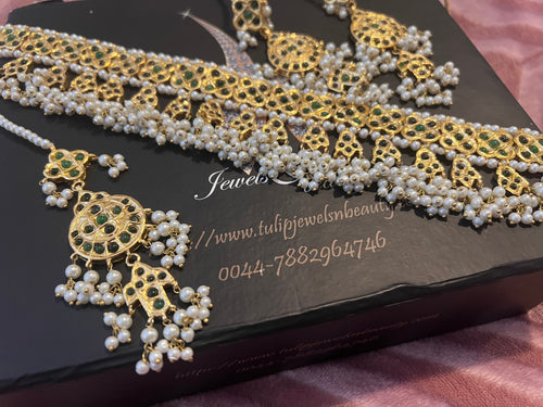 Gold Plated Kundan Choker Set: Emerald & Pearl Indian Jewelry