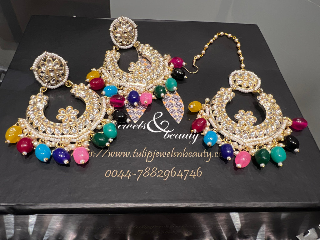 Exquisite Indian Earrings & Tikka Set | Chandballi and Maang Tikkah for Festive Elegance